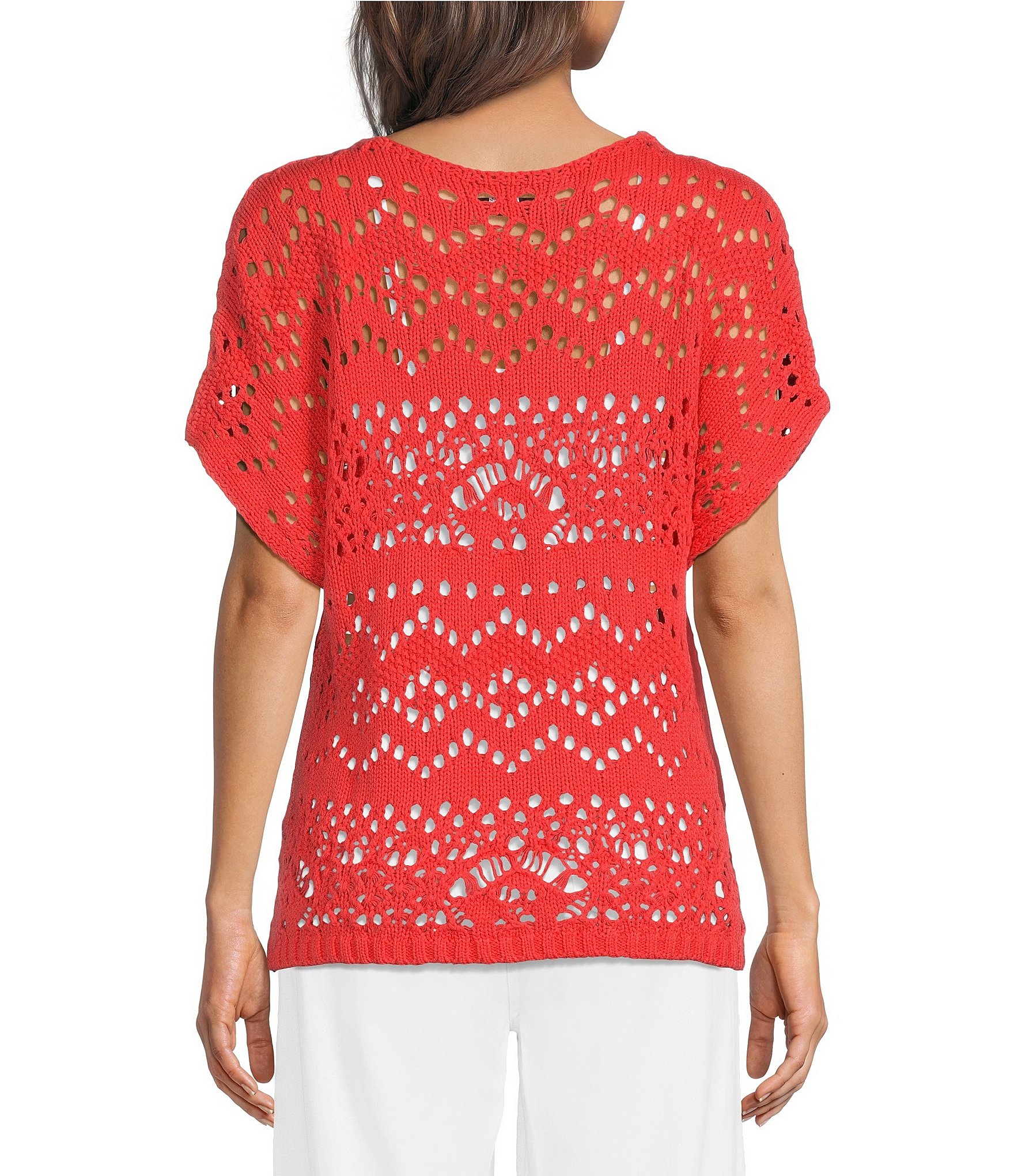 Ali Miles Knit Crochet V-Neck Short Dolman Sleeve Top