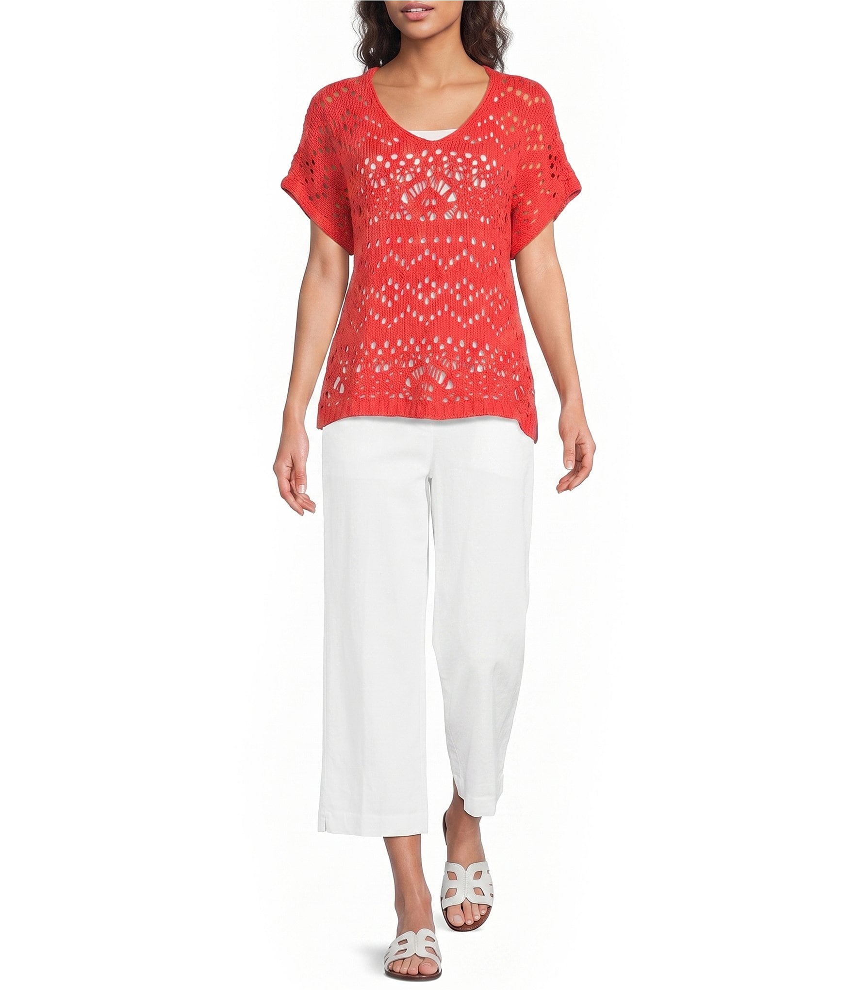 Ali Miles Knit Crochet V-Neck Short Dolman Sleeve Top