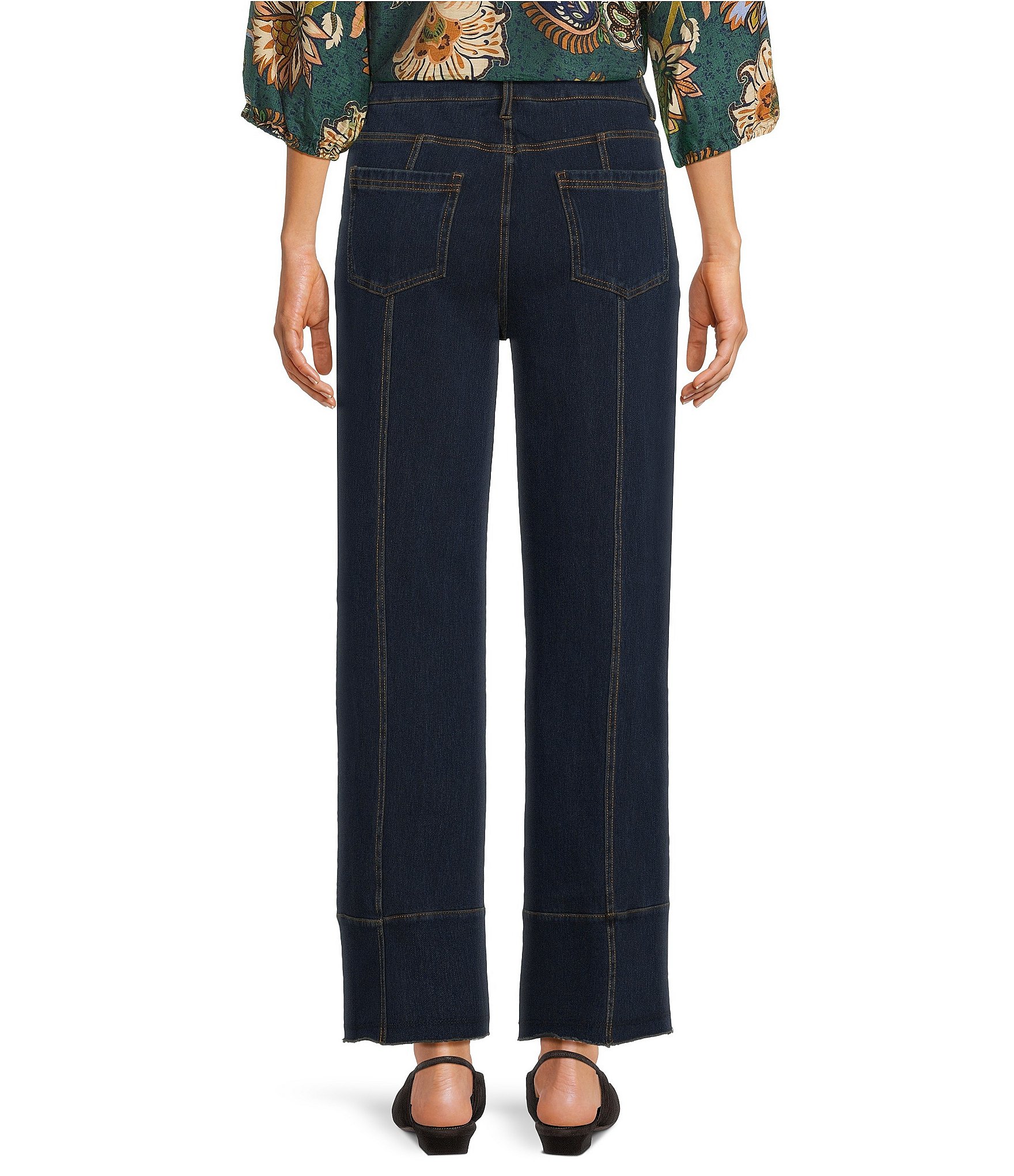 Ali Miles Knit Denim Flat Front Wide Leg Elastic Waistband Pull-On Pants