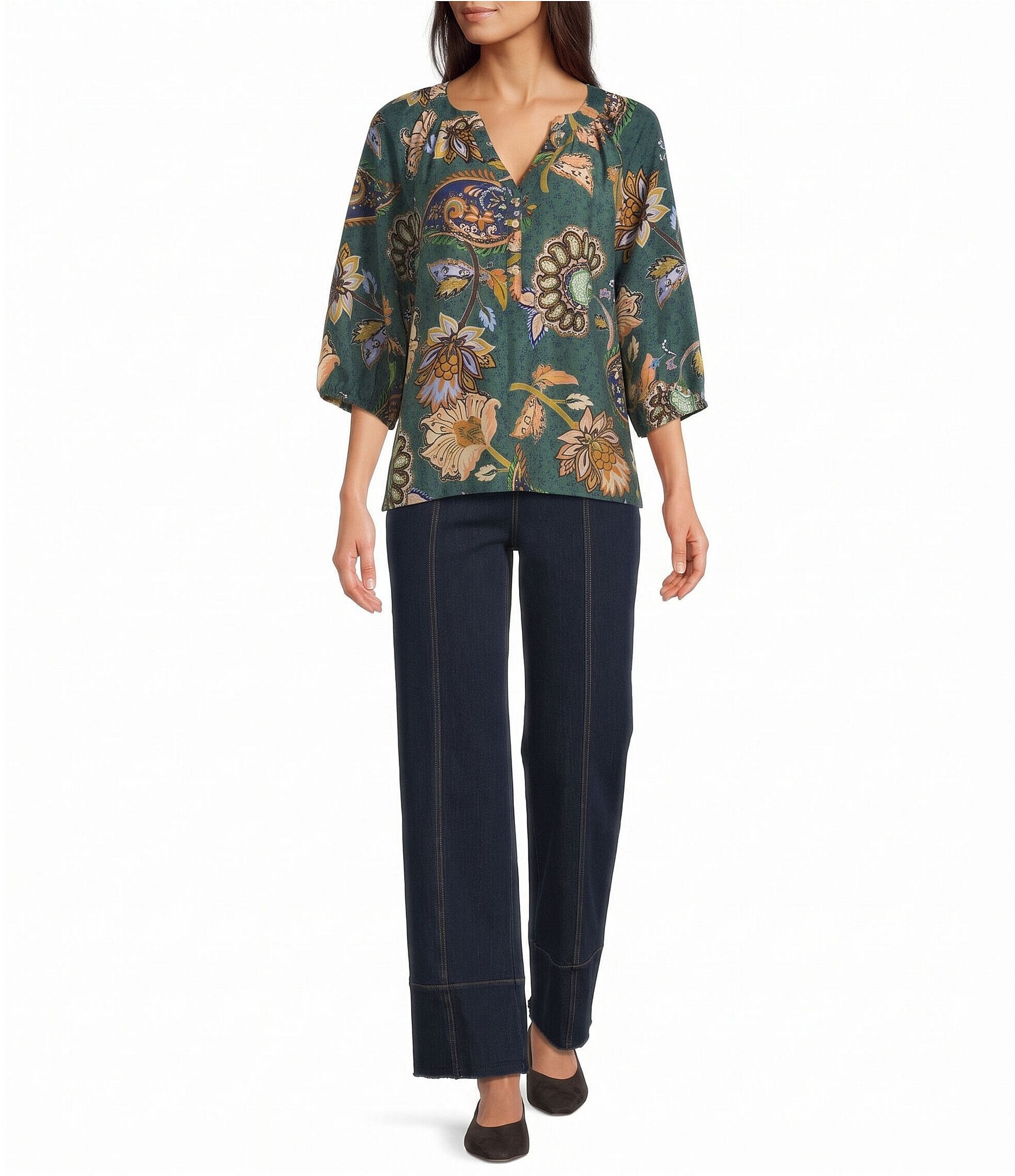 Ali Miles Knit Denim Flat Front Wide Leg Elastic Waistband Pull-On Pants