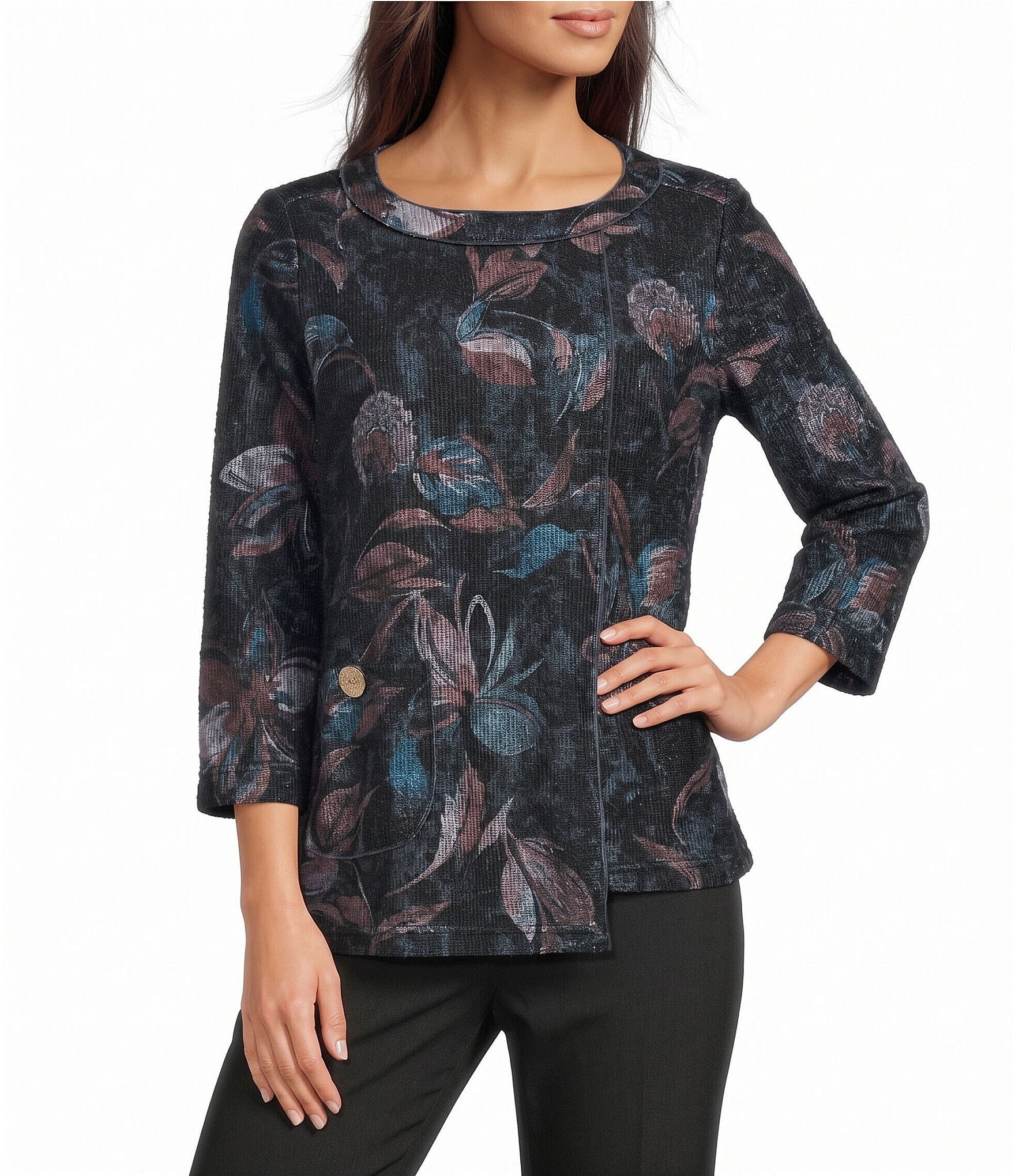 Ali Miles Knit Floral Multi Print Round Neck 3/4 Sleeve Top