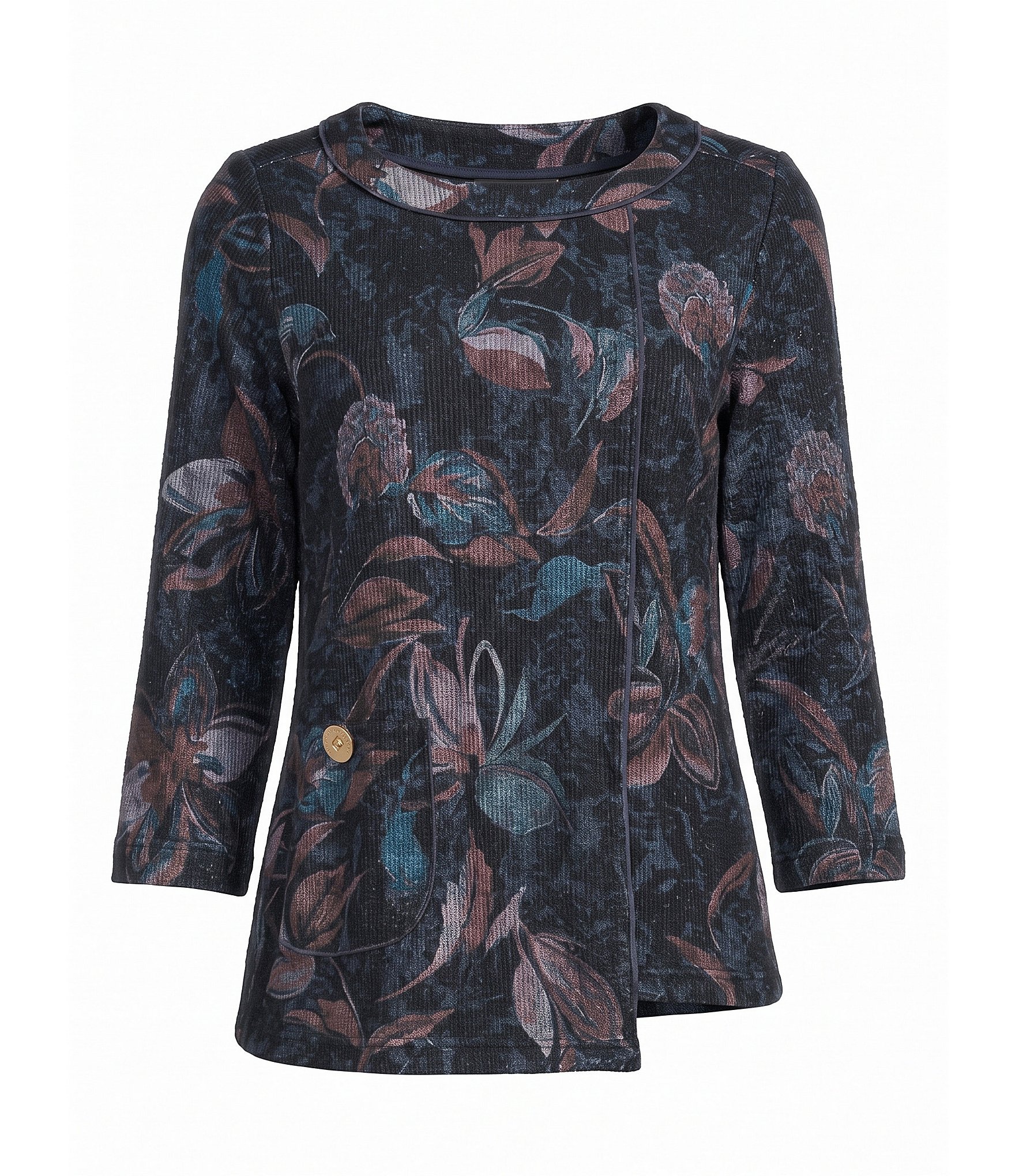 Knit Floral Multi Print Round Neck 3/4 Sleeve Asymmetric Side Hem Top
