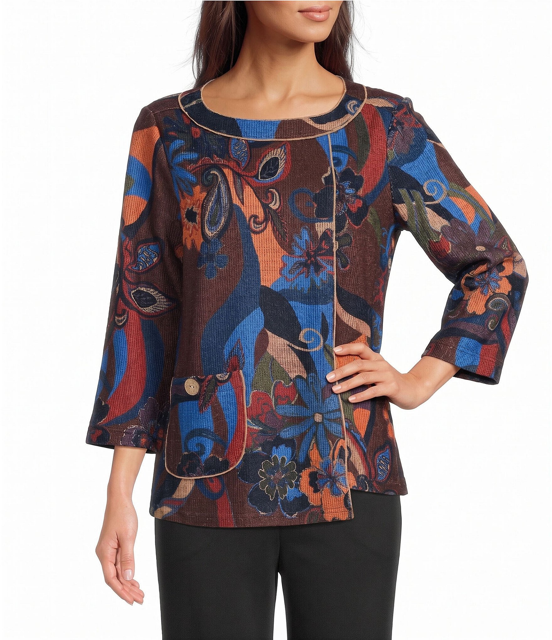 Ali Miles Knit Floral Multi Print Round Neck 3/4 Sleeve Top