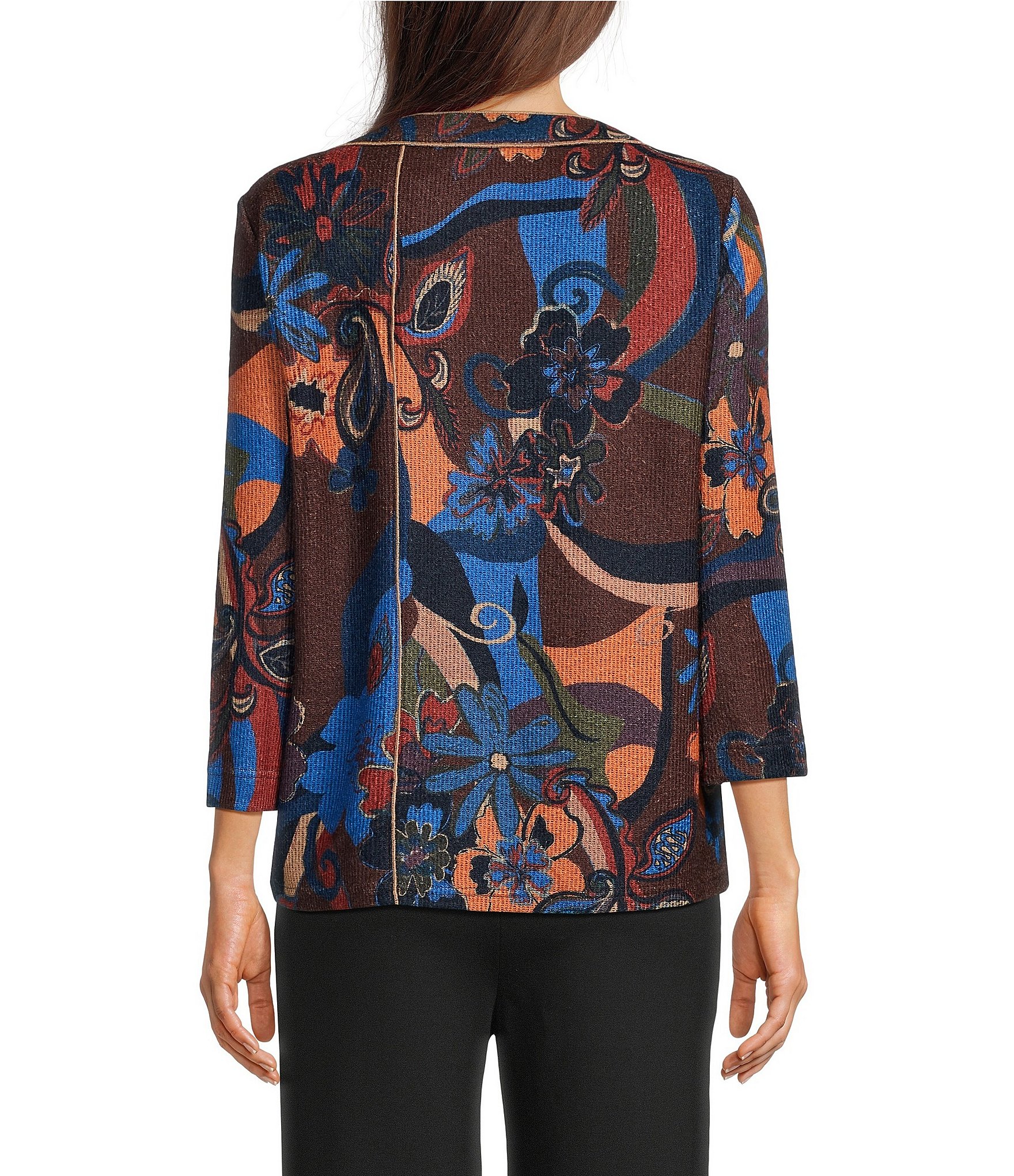 Ali Miles Knit Floral Multi Print Round Neck 3/4 Sleeve Top