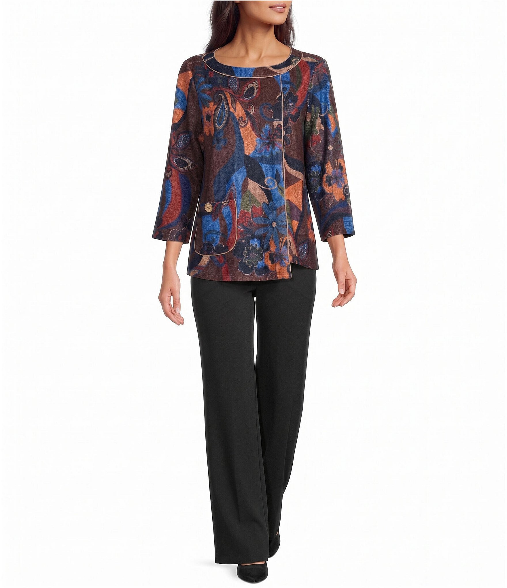 Ali Miles Knit Floral Multi Print Round Neck 3/4 Sleeve Top