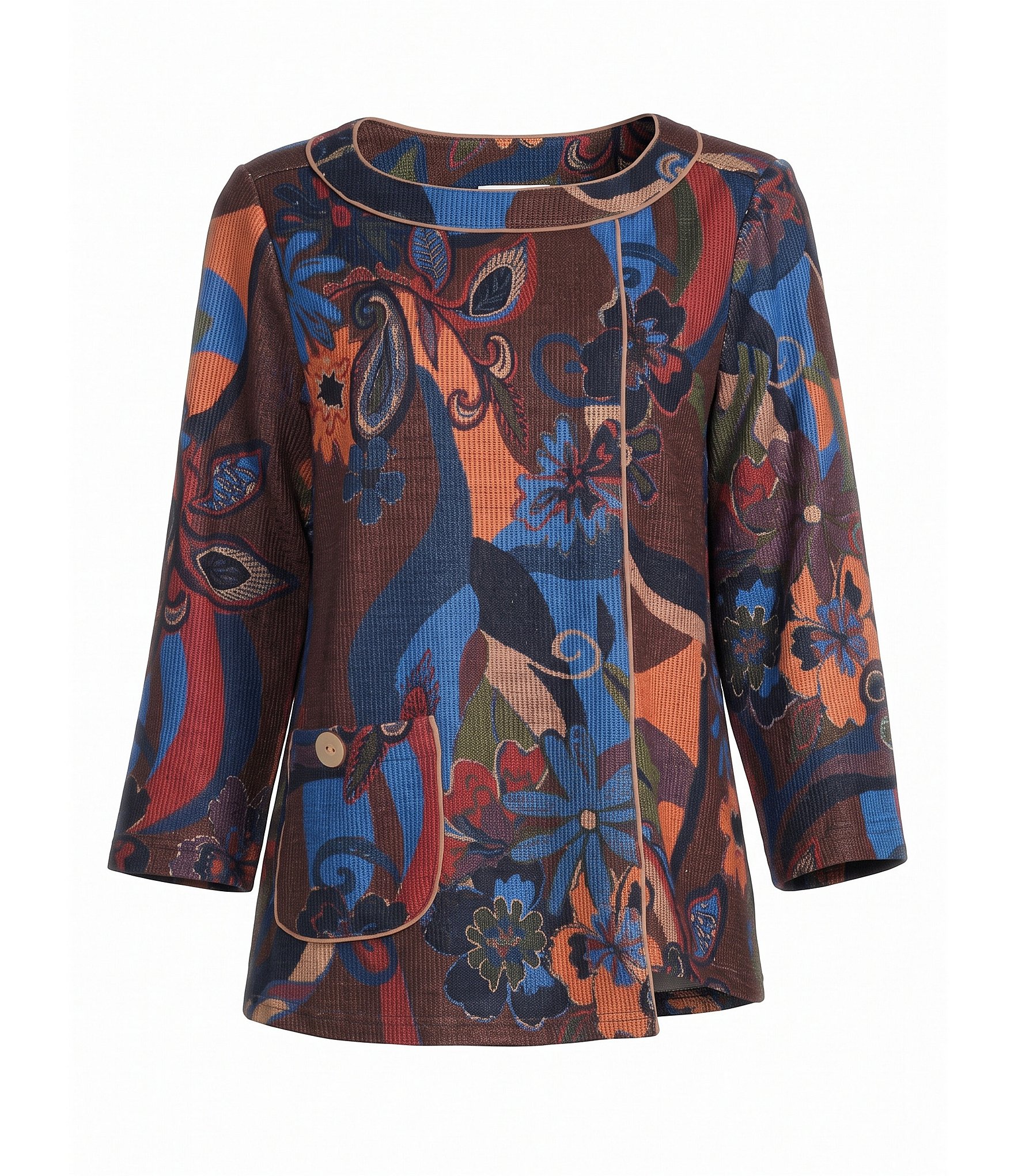 Knit Floral Multi Print Round Neck 3/4 Sleeve Asymmetric Side Hem Top