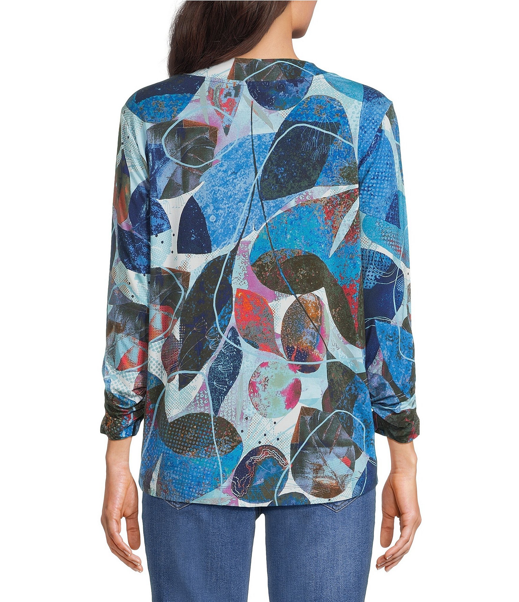 Ali Miles Knit Floral Print V-Neck 3/4 Sleeve Pullover Blouse
