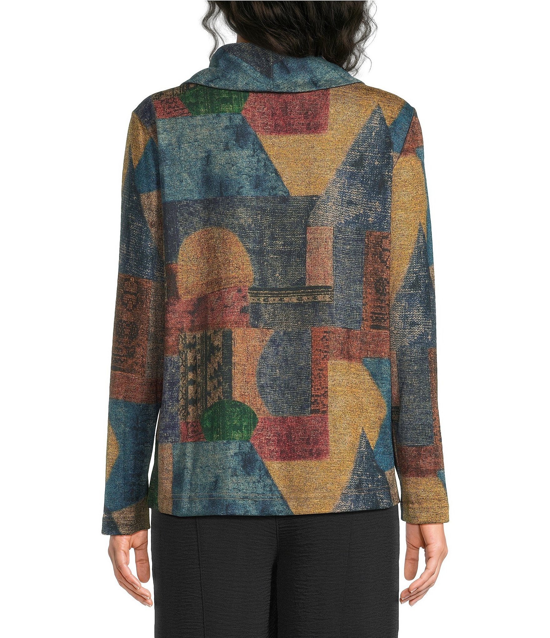 Ali Miles Knit Geometric Cowl Neck Long Sleeve Pullover