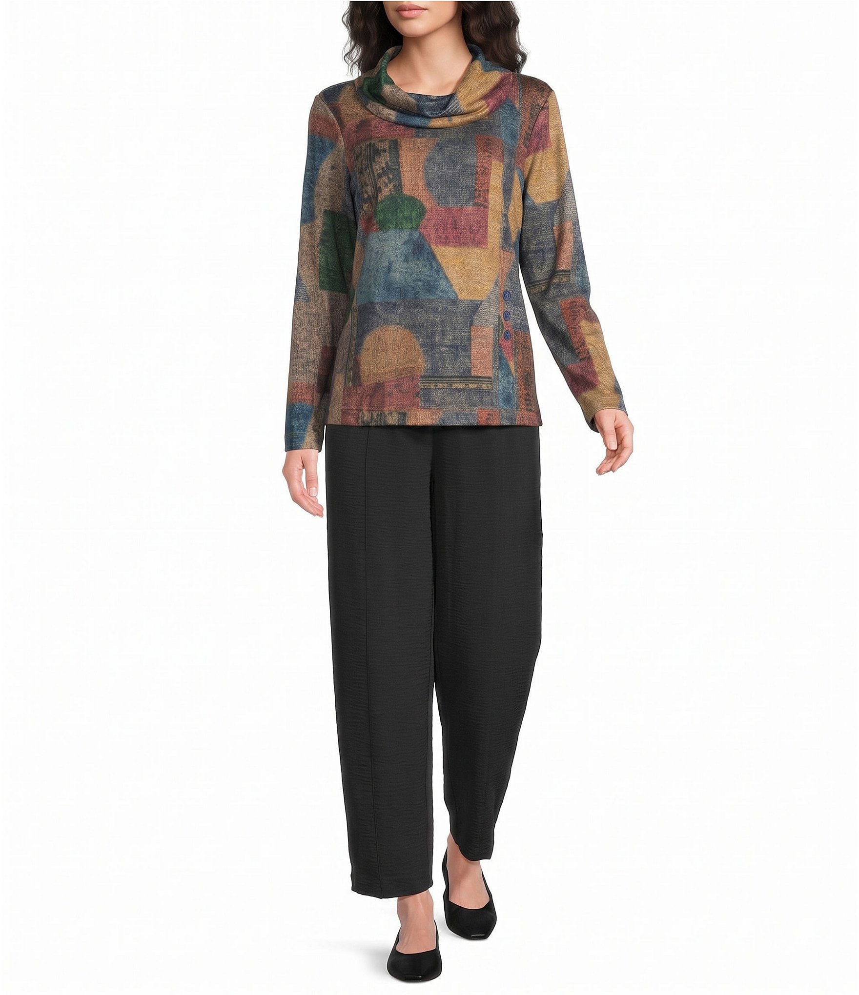 Ali Miles Knit Geometric Cowl Neck Long Sleeve Pullover