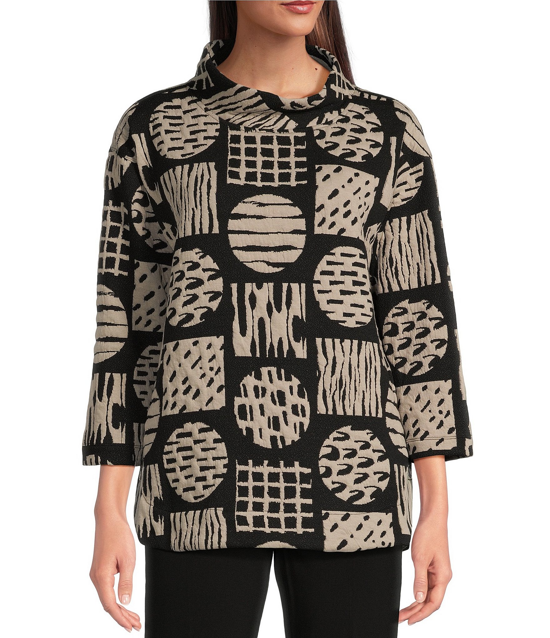 Ali Miles Knit Jacquard Geometric Abstract Print Mock Neck Long Sleeve Popover Tunic