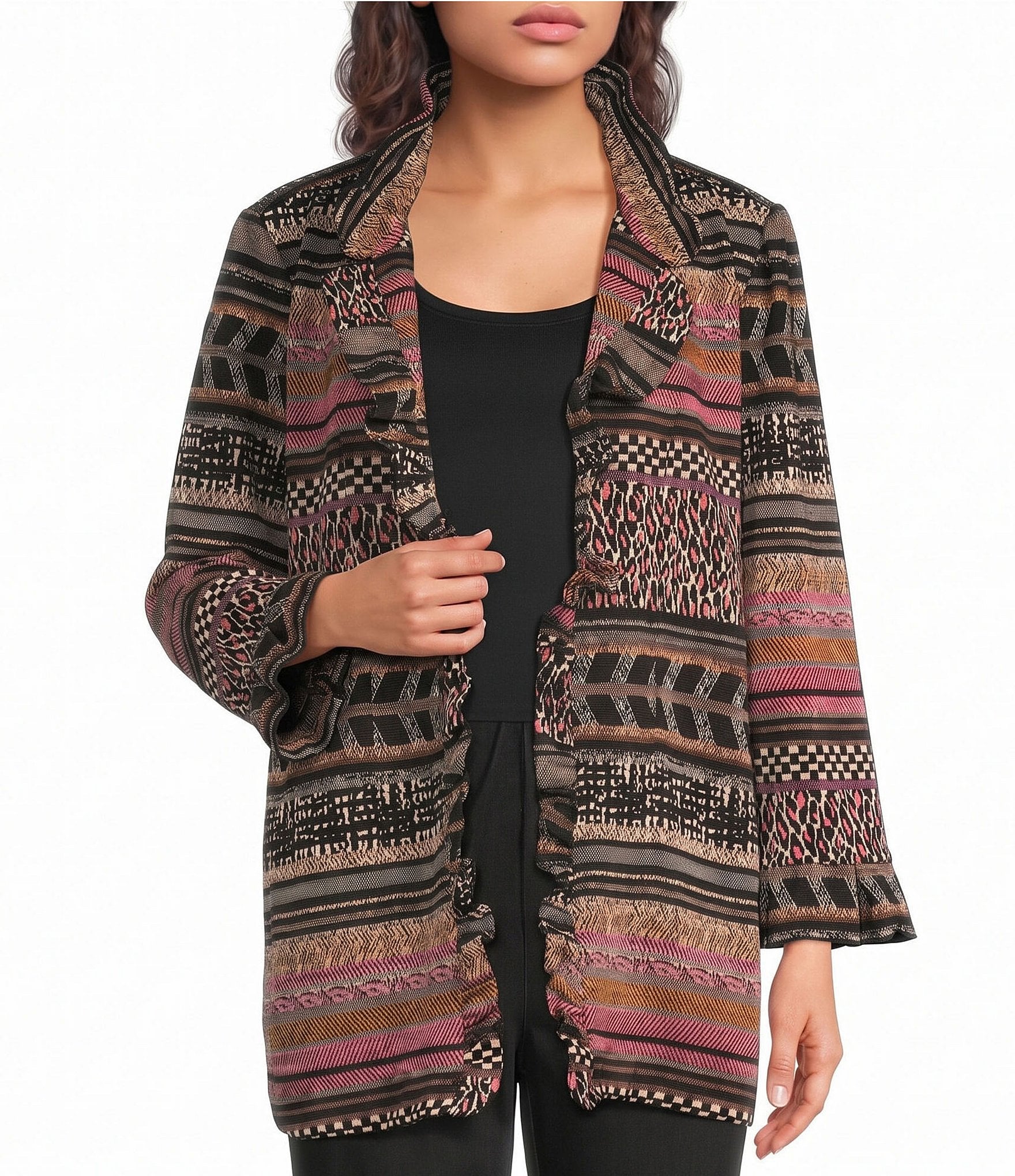 Ali Miles Knit Jacquard Multi Animal Print Open Front Long Sleeve Jacket
