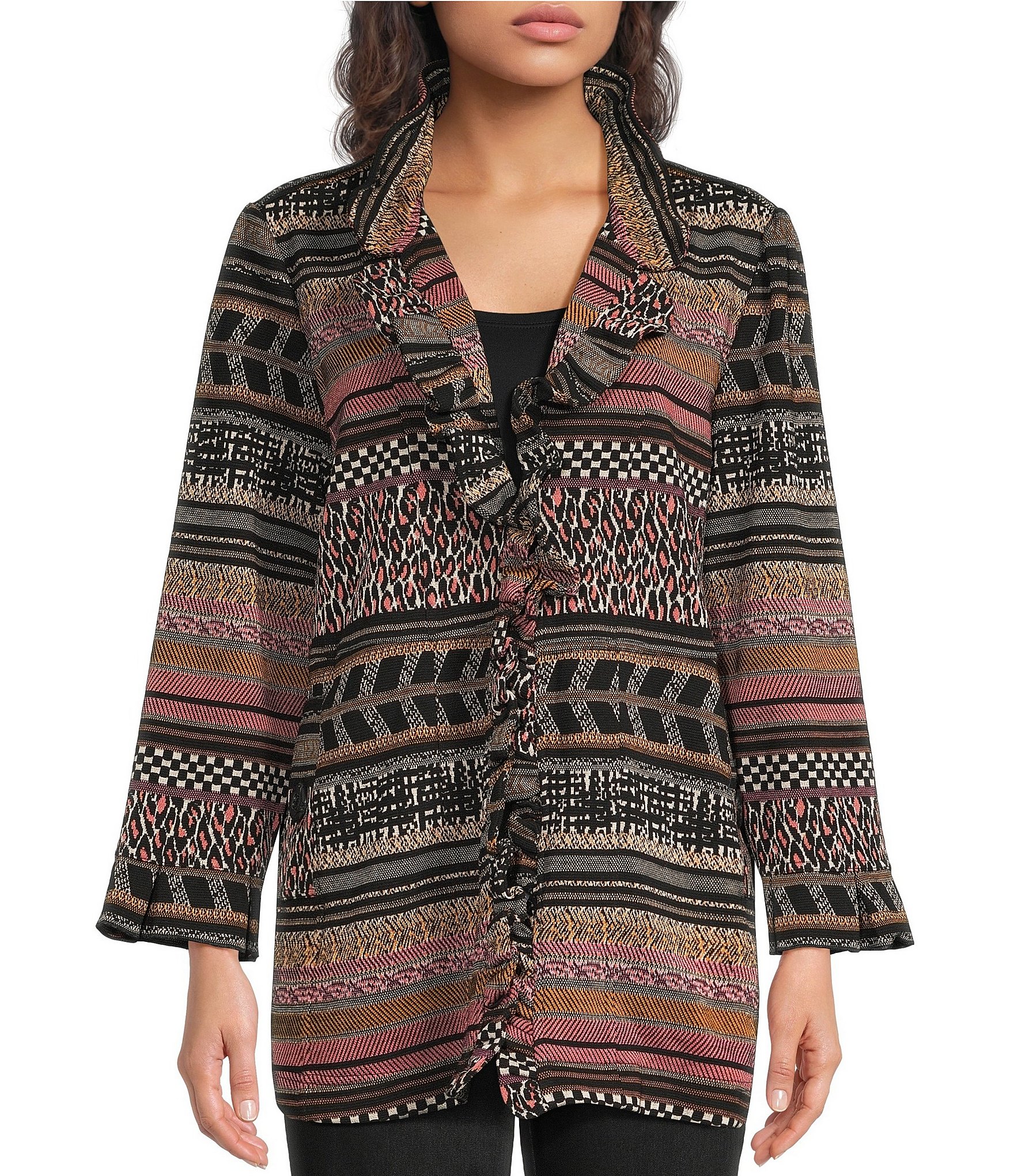 Ali Miles Knit Jacquard Multi Animal Print Open Front Long Sleeve Jacket