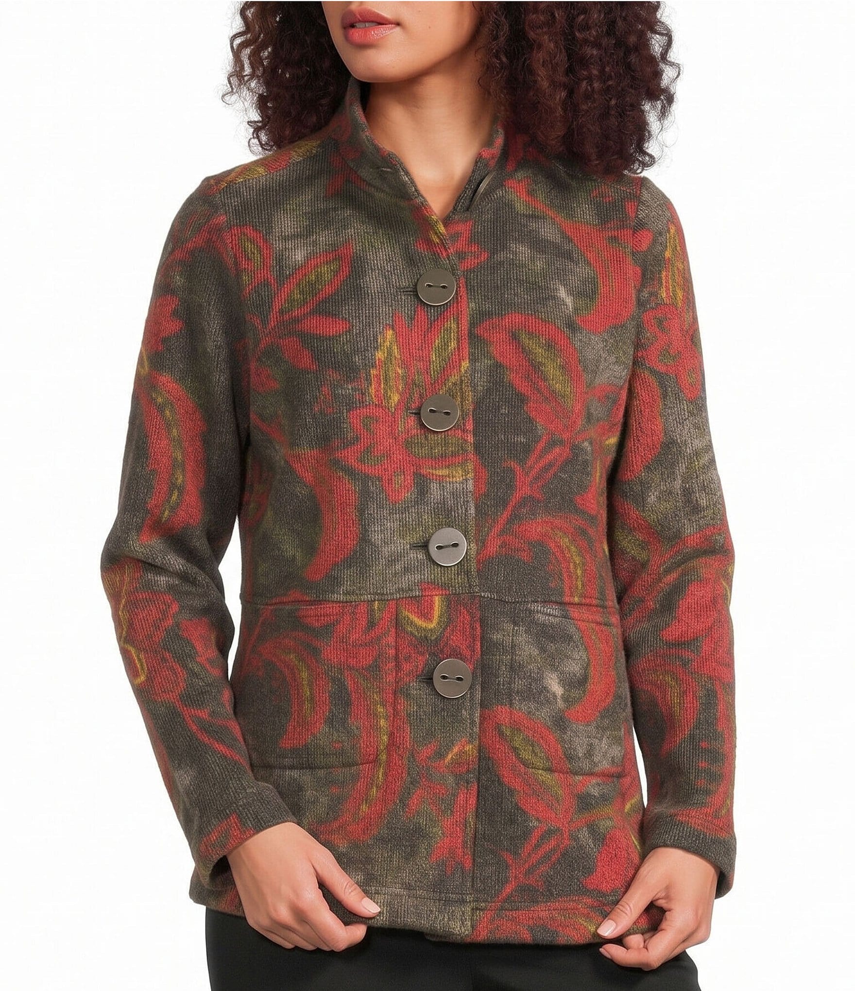 Ali Miles Knit Leaf Print Point Collar Long Sleeves Button Front Jacket