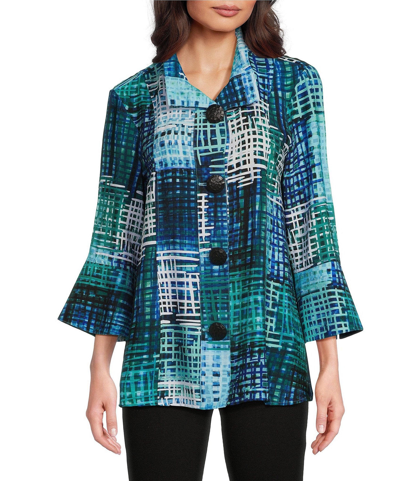 Ali Miles Knit Mesh Abstract Print Stand Collar 3/4 Sleeve Button-Front Jacket