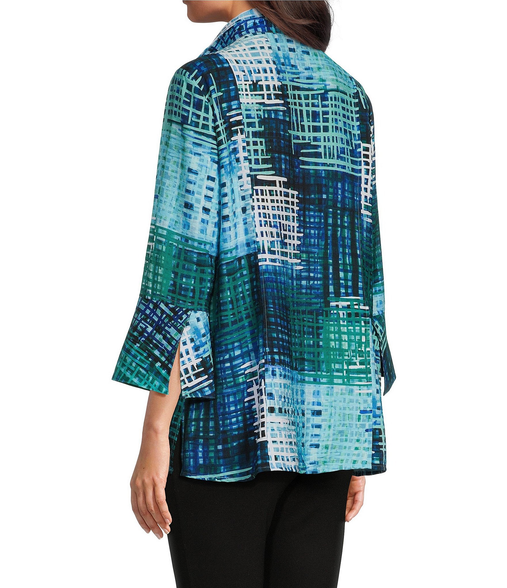 Ali Miles Knit Mesh Abstract Print Stand Collar 3/4 Sleeve Button-Front Jacket