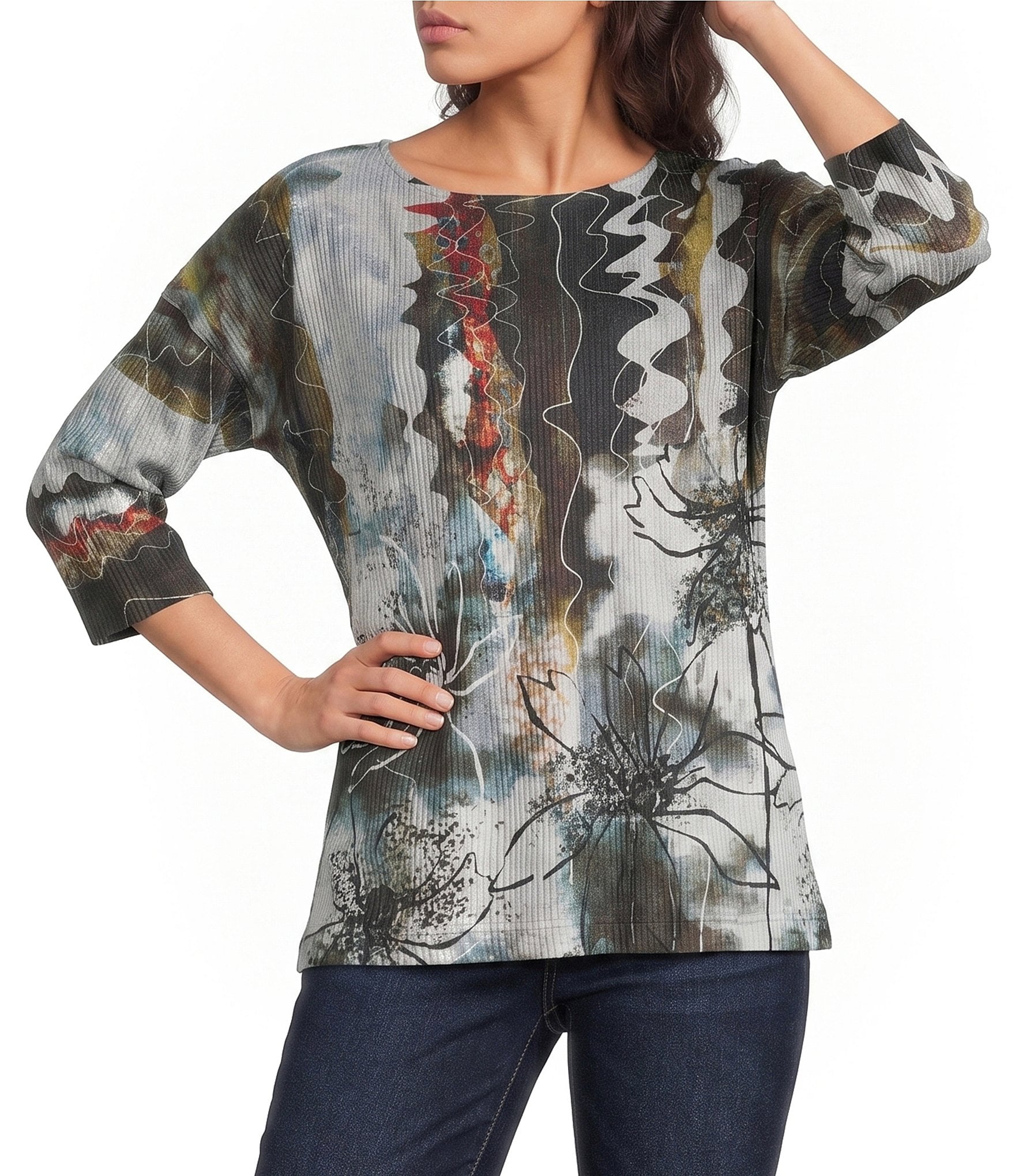 Ali Miles Knit Ribbed Abstract Multi Crew Neck 3/4 Sleeve Back Button Detail Top