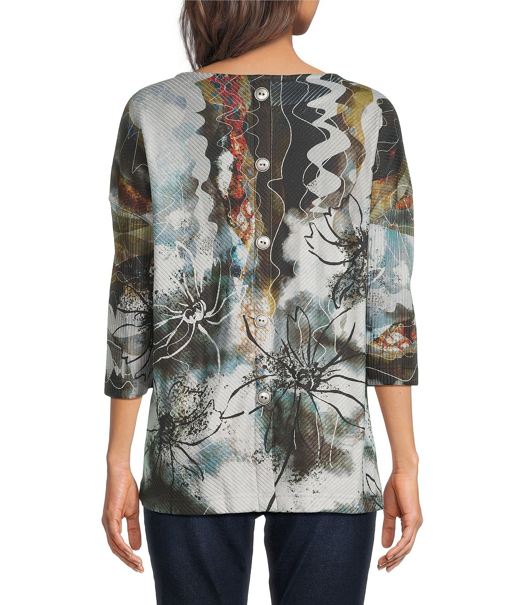 Ali Miles Knit Ribbed Abstract Multi Crew Neck 3/4 Sleeve Back Button Detail Top