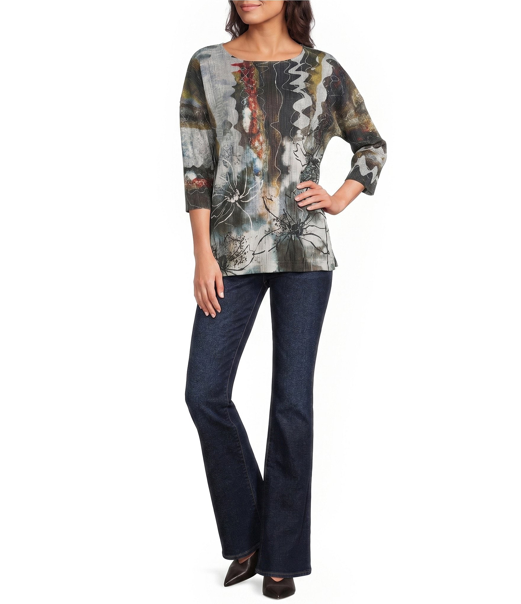 Ali Miles Knit Ribbed Abstract Multi Crew Neck 3/4 Sleeve Back Button Detail Top