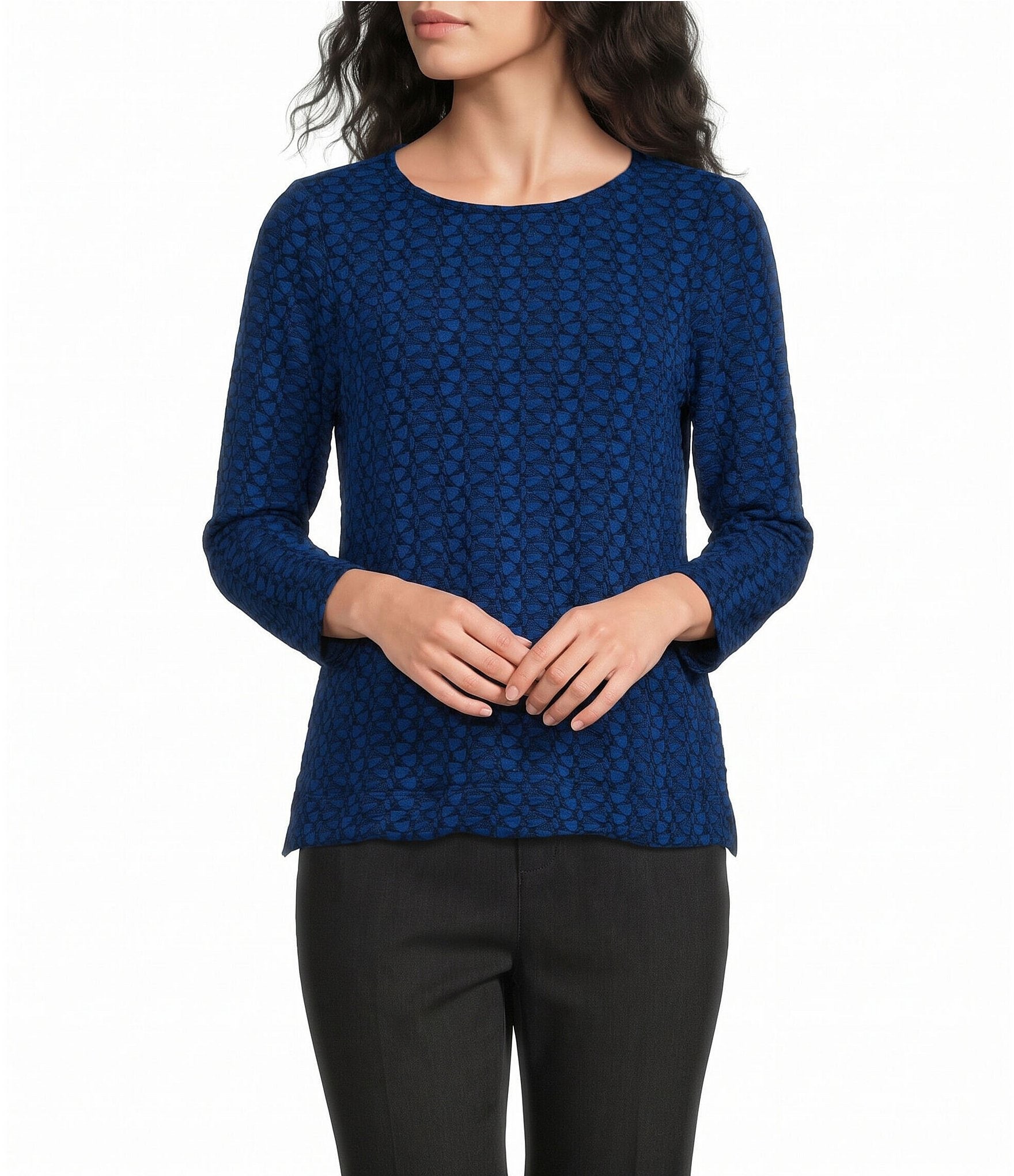 Ali Miles Knit Textured Round Neck 3/4 Sleeve Top
