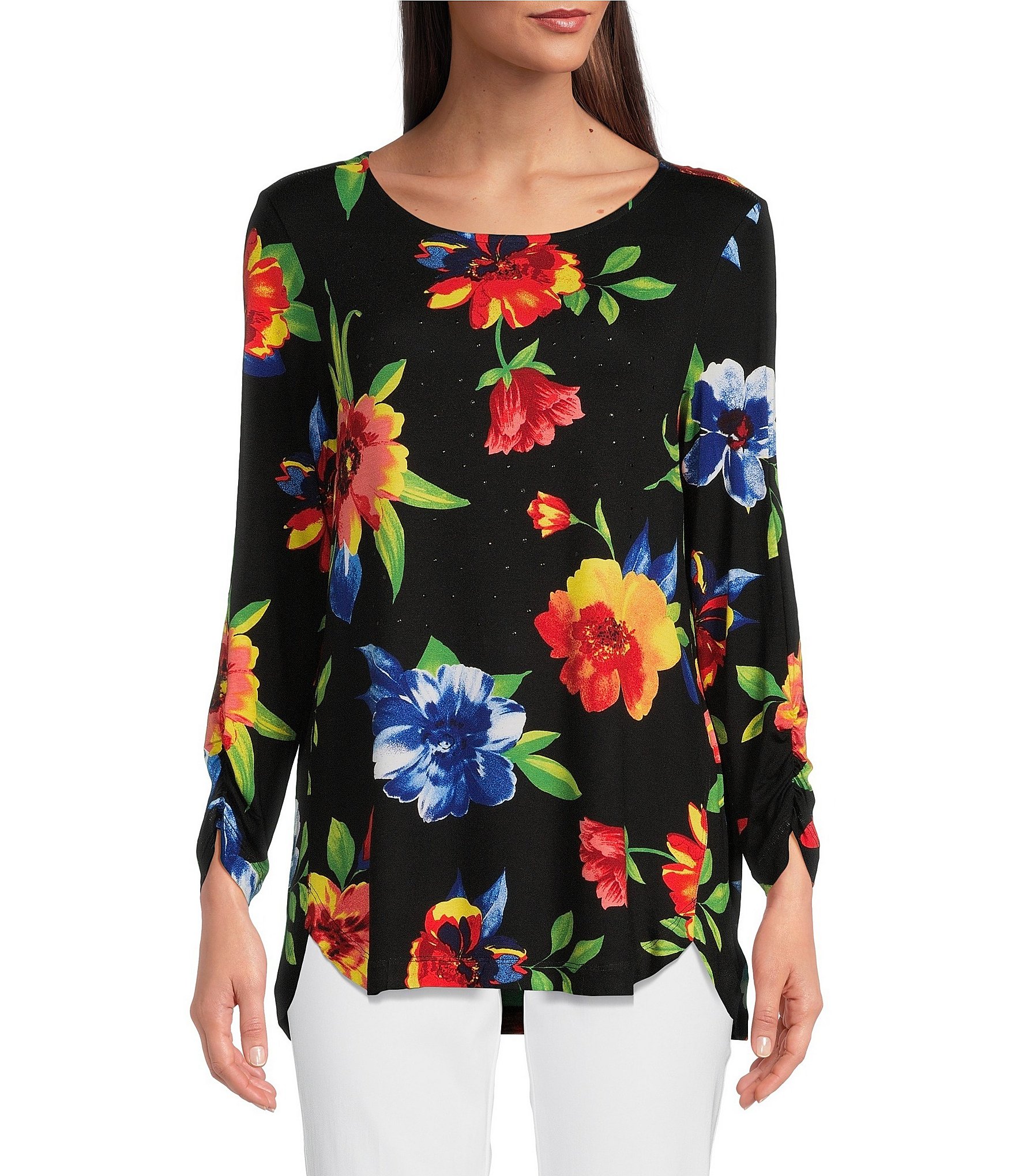 Ali Miles Knit Tropical Floral Print Round Neck High Low Hem Pullover ...