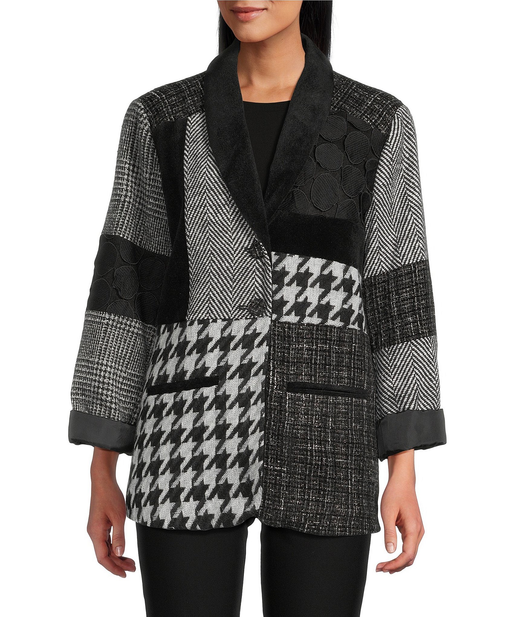 Ali Miles Multi Mixed Media Patchwork Houndstooth Shawl Collar Long Sleeve Button Front jacket