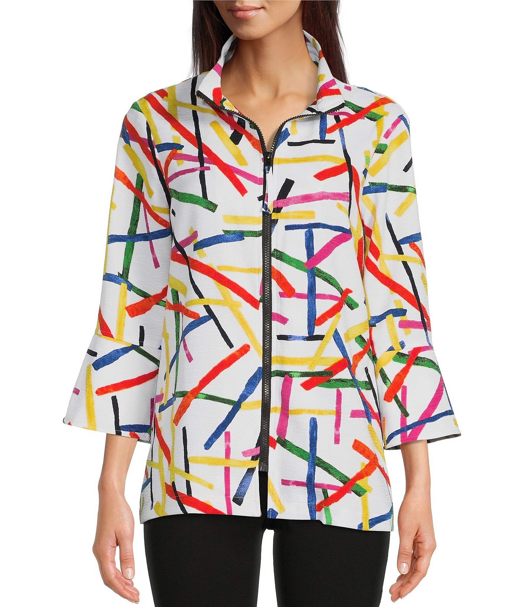 Ali Miles Multicolored Lines Print Wire Collar Long Sleeve Patch Pocket ...