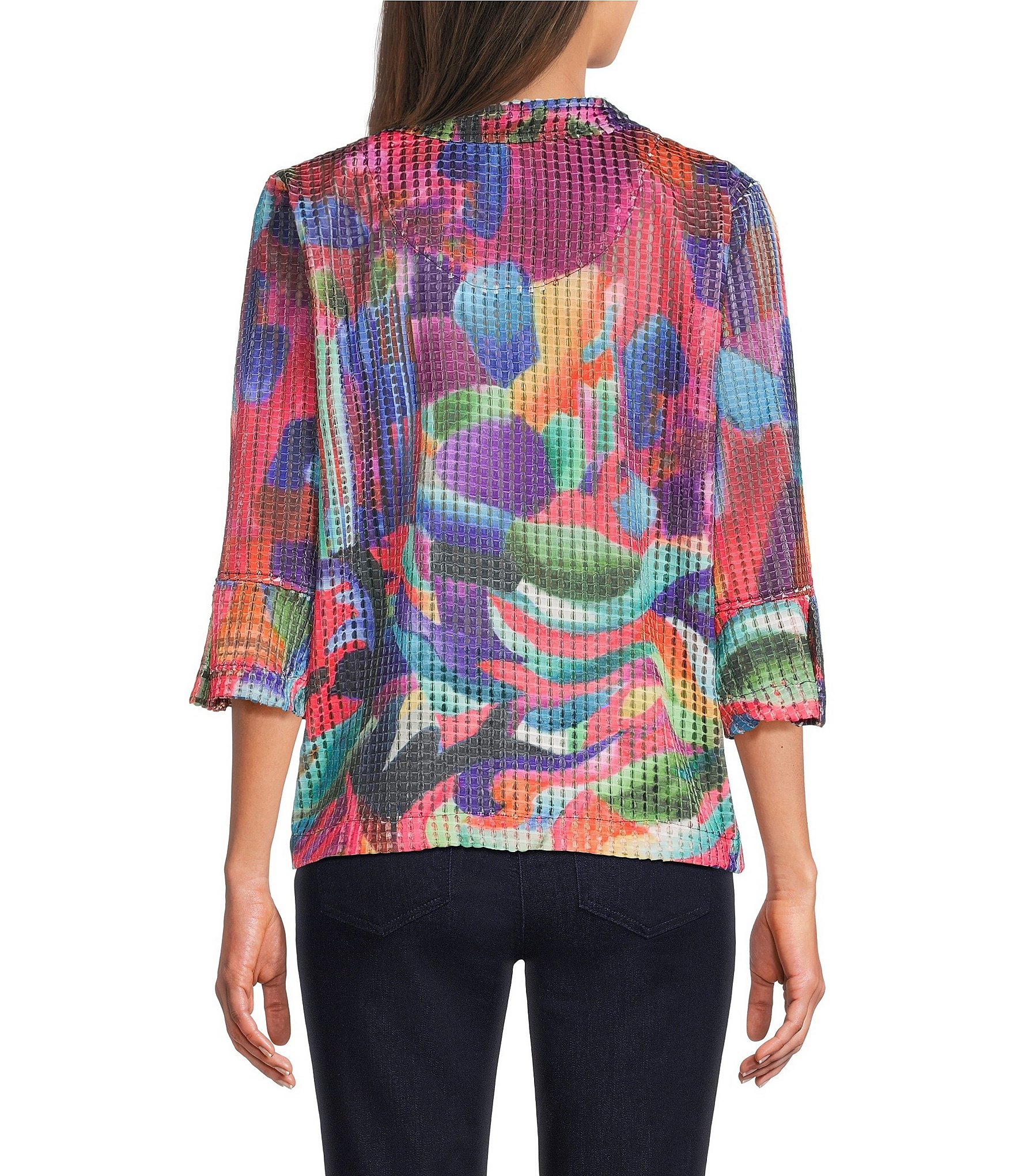 Ali Miles Petite Size Abstract Multi Print Wire Collar 3/4 Sleeve Button Front Jacket