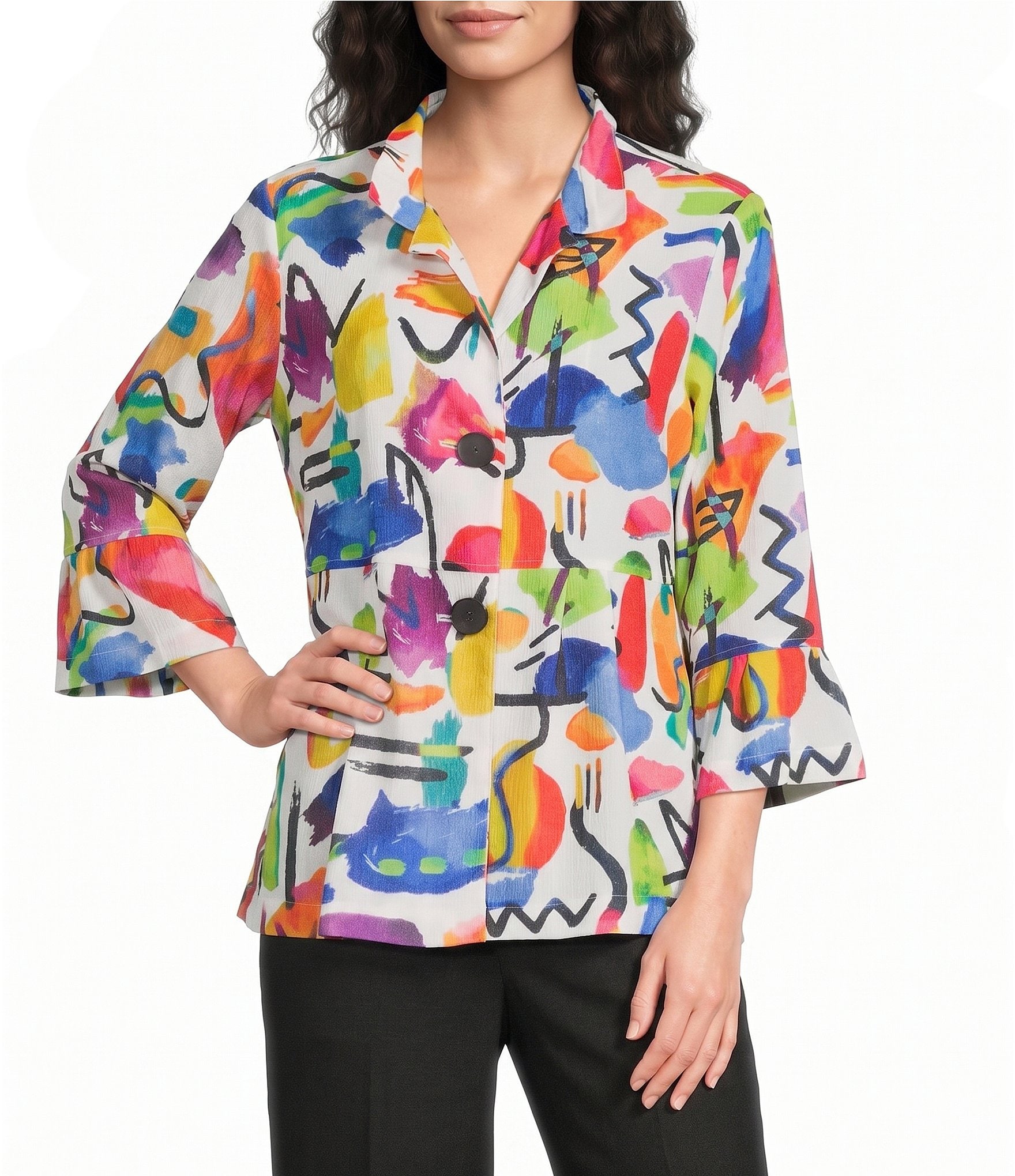 Ali Miles Petite Size Abstract Multi Wire Collar 3/4 Flounce Sleeve Button Front Jacket