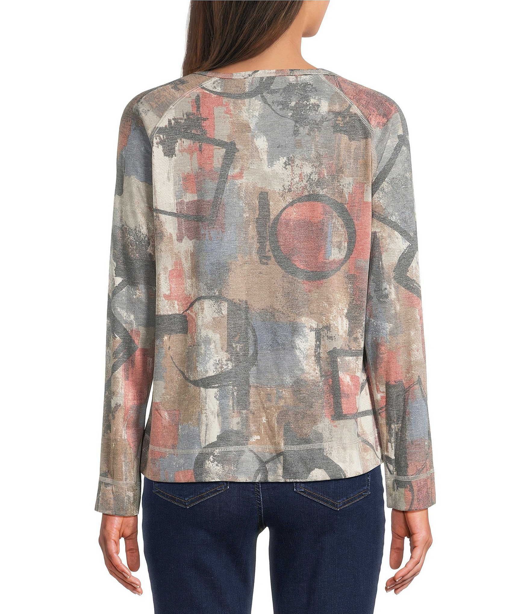 Ali Miles Petite Size Abstract Round Neck Long Sleeve Top
