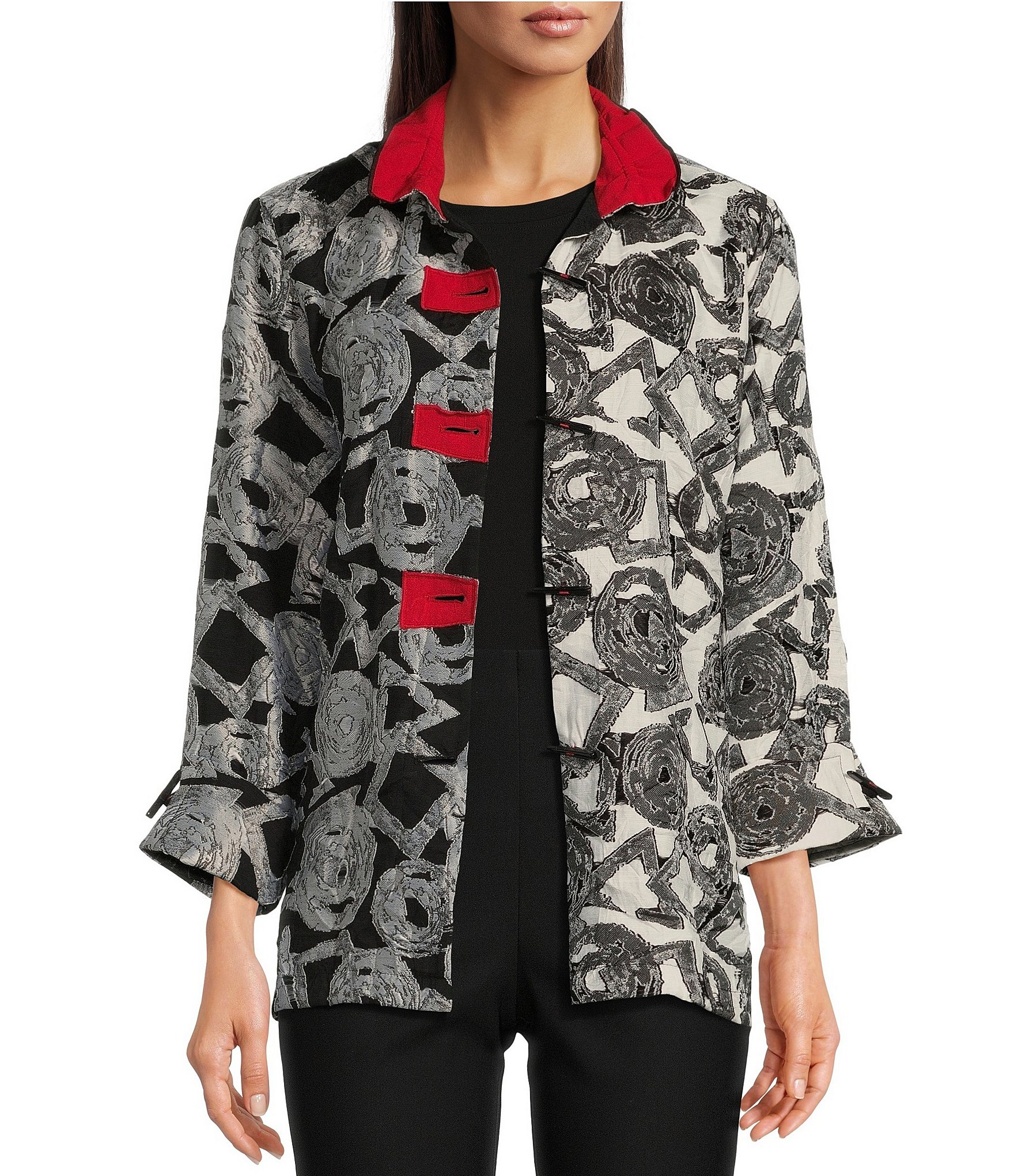 Ali Miles Petite Size Clipped Jacquard Abstract Circle Contrast Wire Collar  3/4 Sleeve Button-Front Jacket | Dillard's