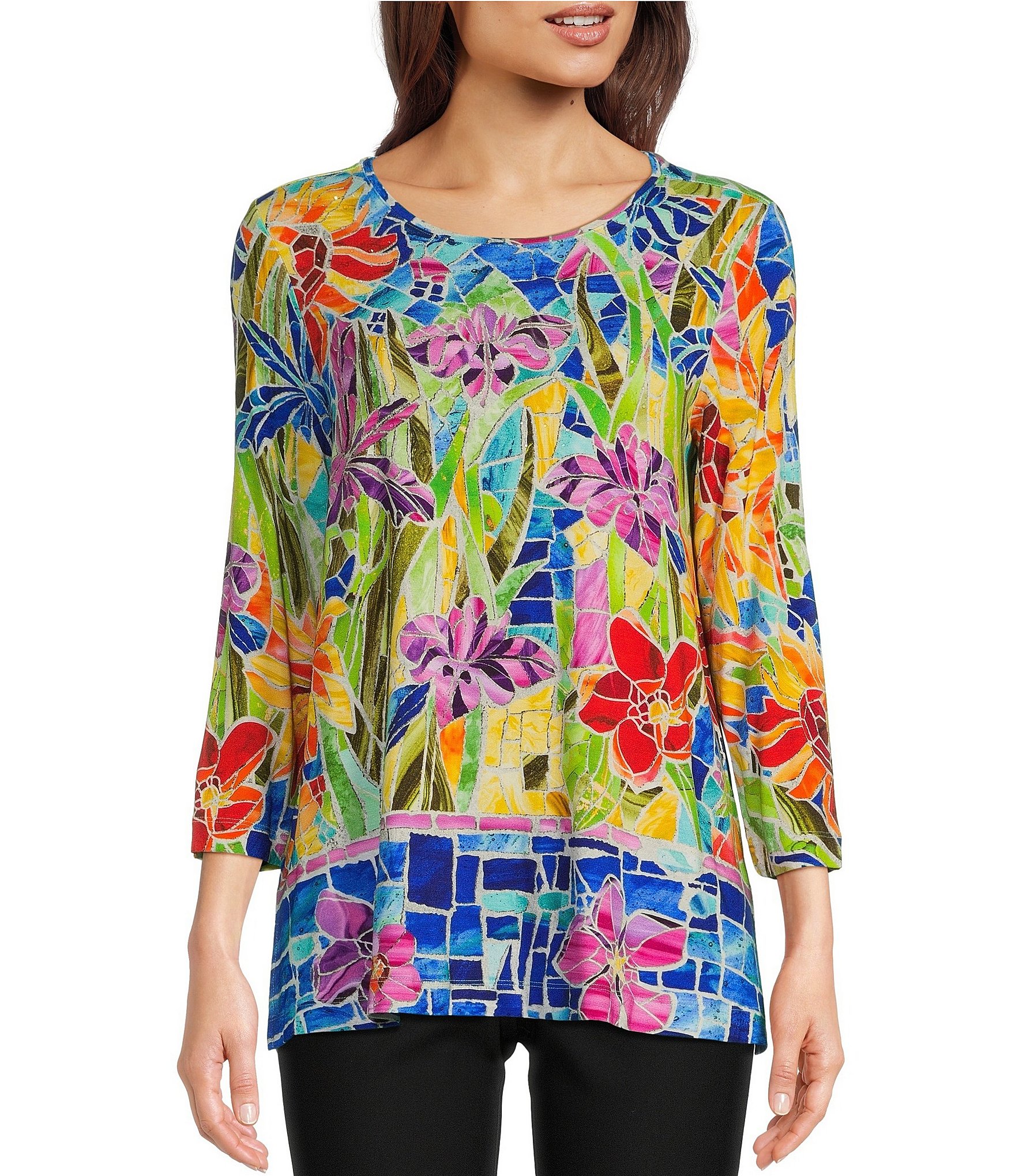 Ruby Rd. Plus Size Tile Print Knit Embroidered Notch Neck 3/4 Sleeve Top