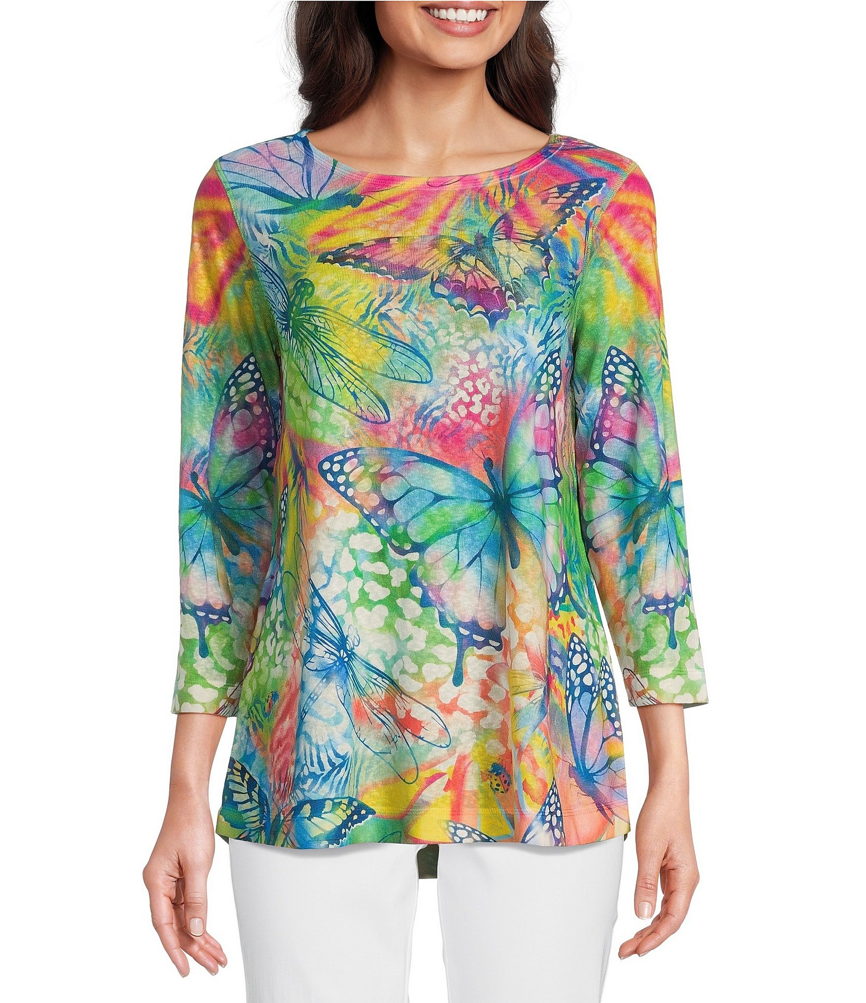 Ali Miles Petite Size Knit Floral Printed Scoop Neck 3/4 Sleeve Tunic