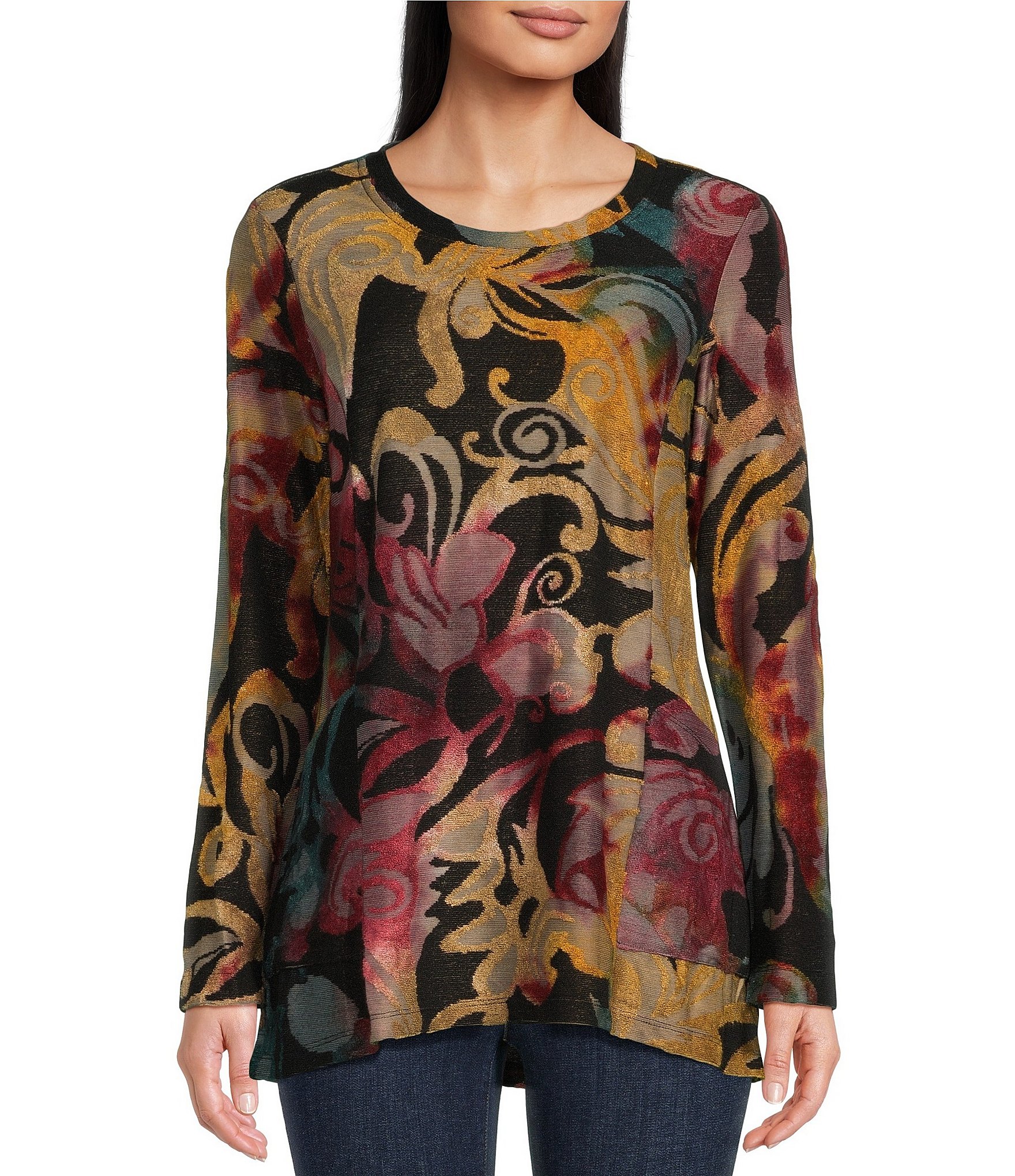 Ali Miles Petite Size Printed Jacquard Boat Neck Long Sleeve High-Low Hem  Tunic | Dillard's