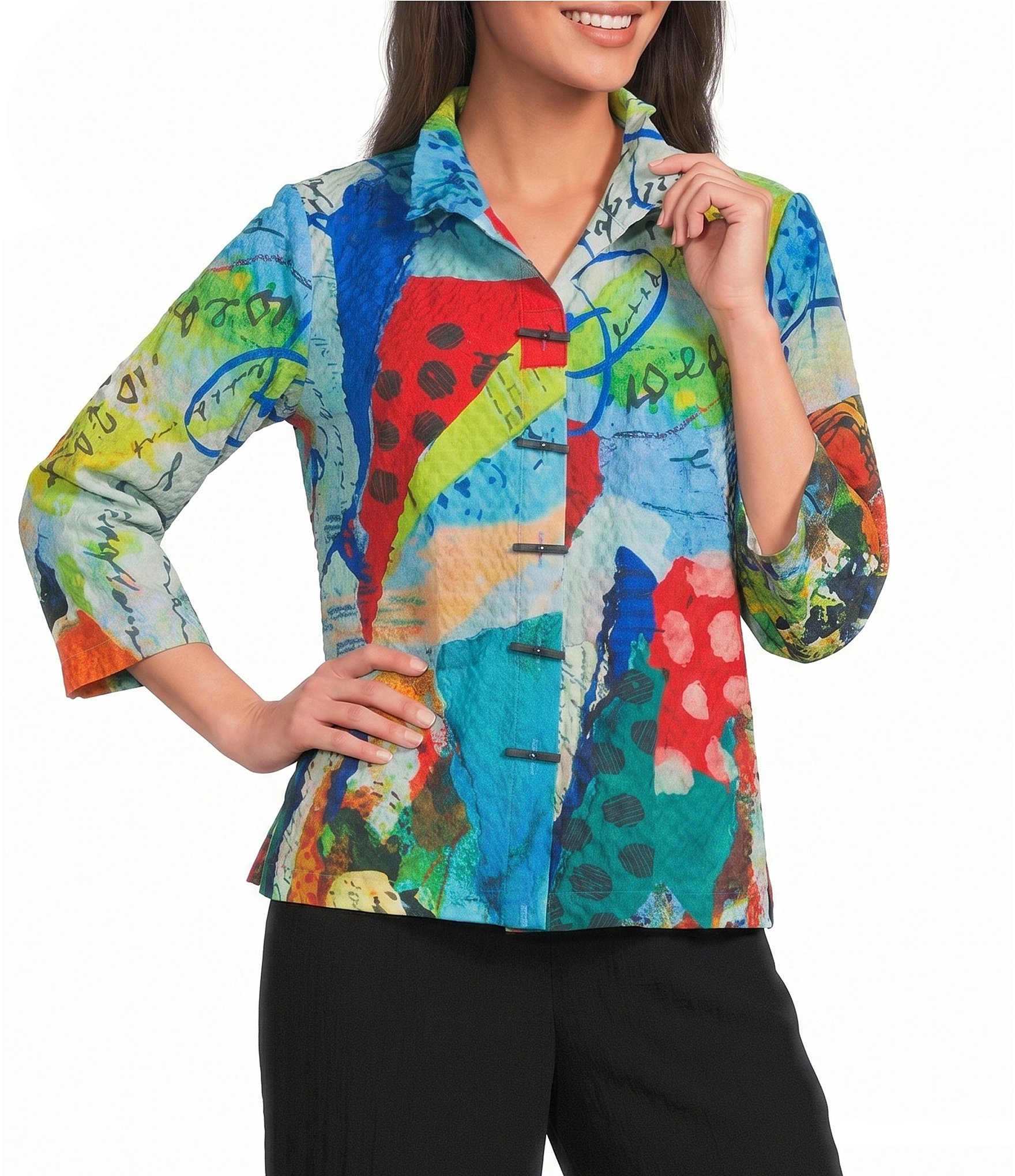 Ali Miles Petite Size Printed Wire Collar 3/4 Sleeve Button Front Top