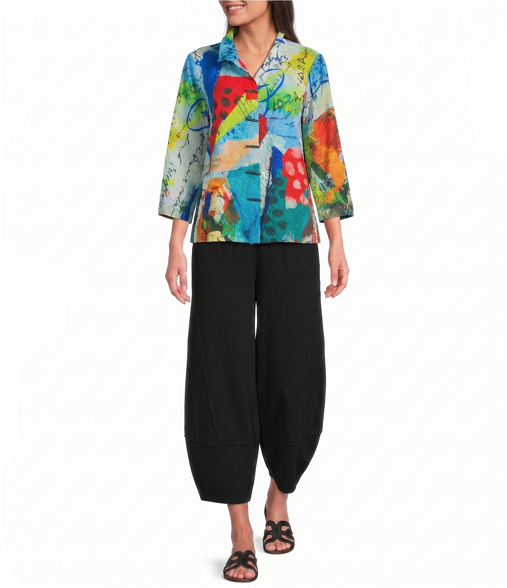 Ali Miles Petite Size Printed Wire Collar 3/4 Sleeve Button Front Top
