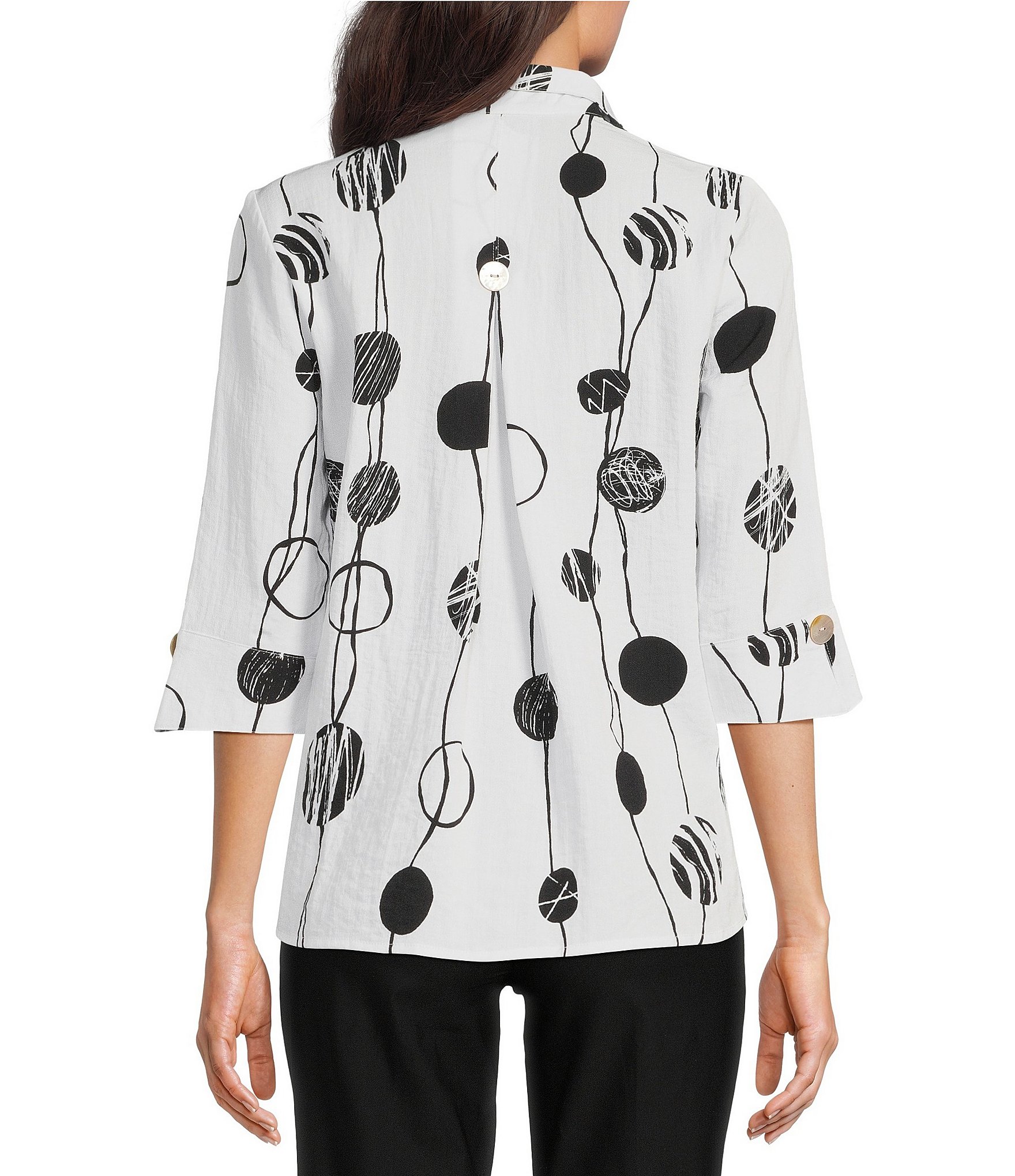 Ali Miles Petite Size Printed Woven Crinkle Wire Collar 3/4 Sleeve Button Front Tunic