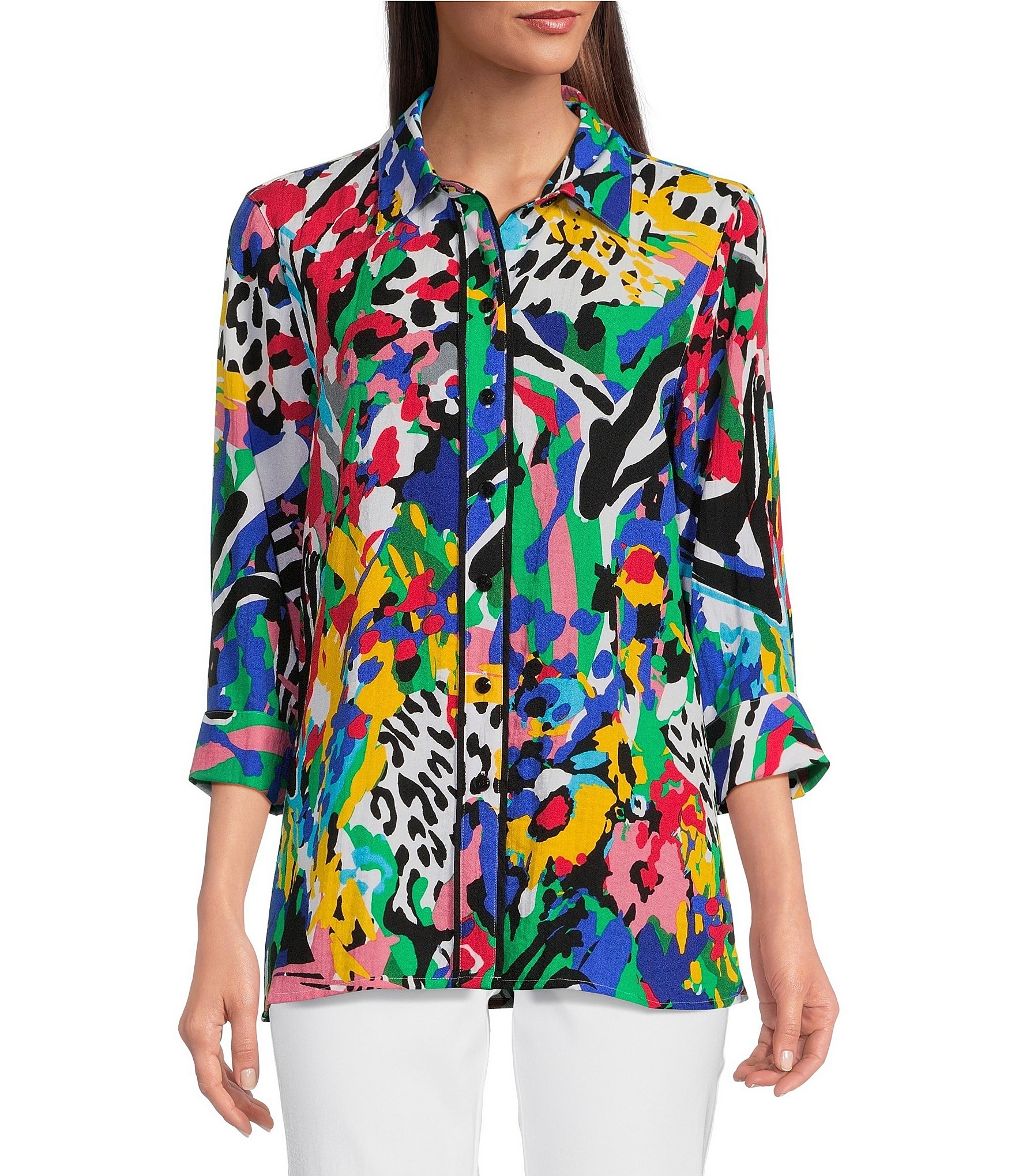 Ali Miles Petite Size Printed Woven Wire Collar 3/4 Sleeve Contrast ...