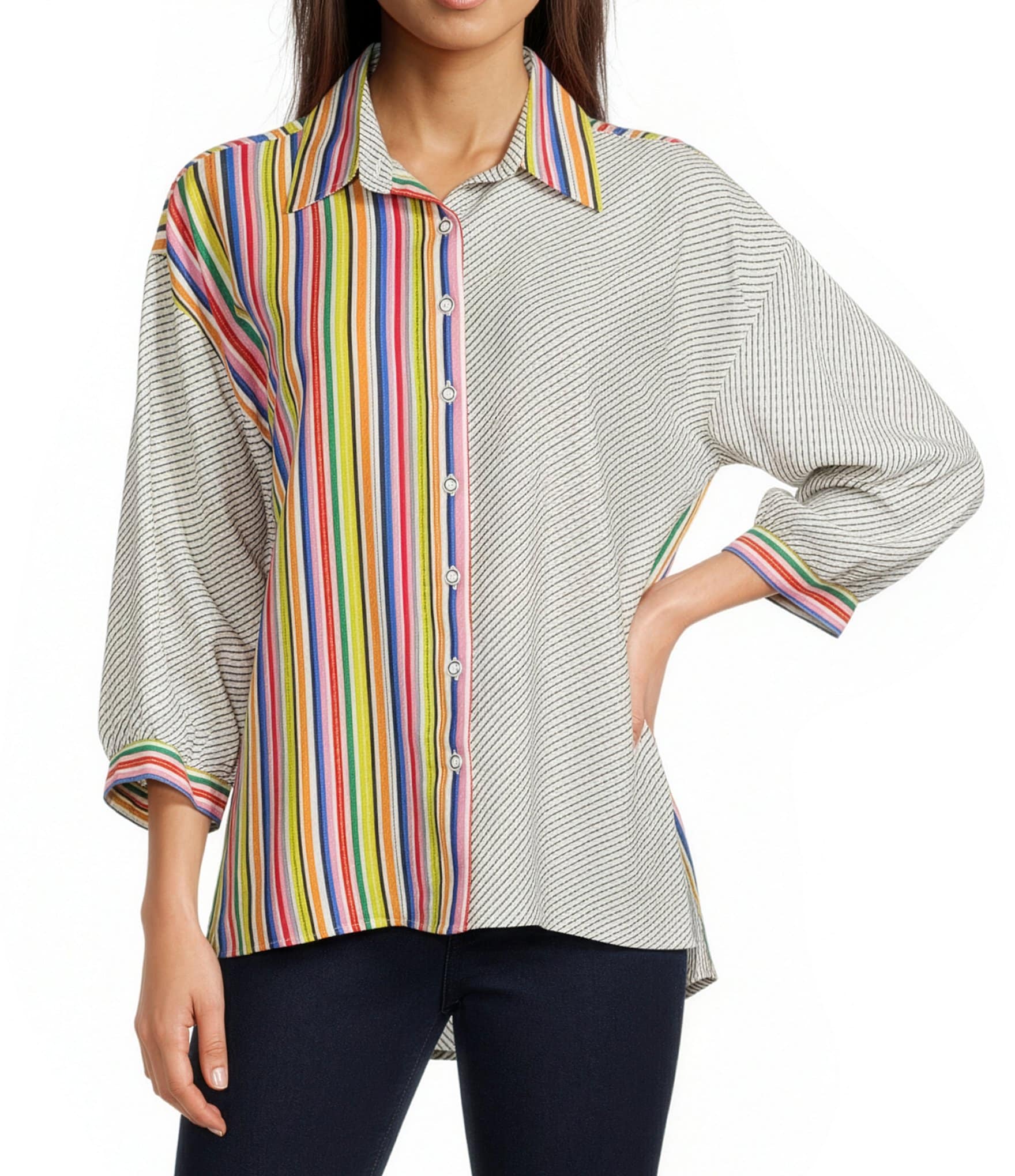 Ali Miles Petite Size Solid Multi Stripe Point Collar 3/4 Sleeve High-Low Hem Button-Front Shirt