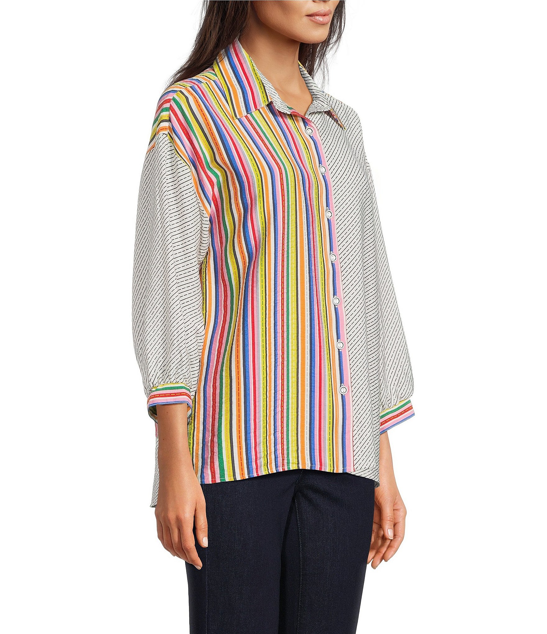 Ali Miles Petite Size Solid Multi Stripe Point Collar 3/4 Sleeve High-Low Hem Button-Front Shirt