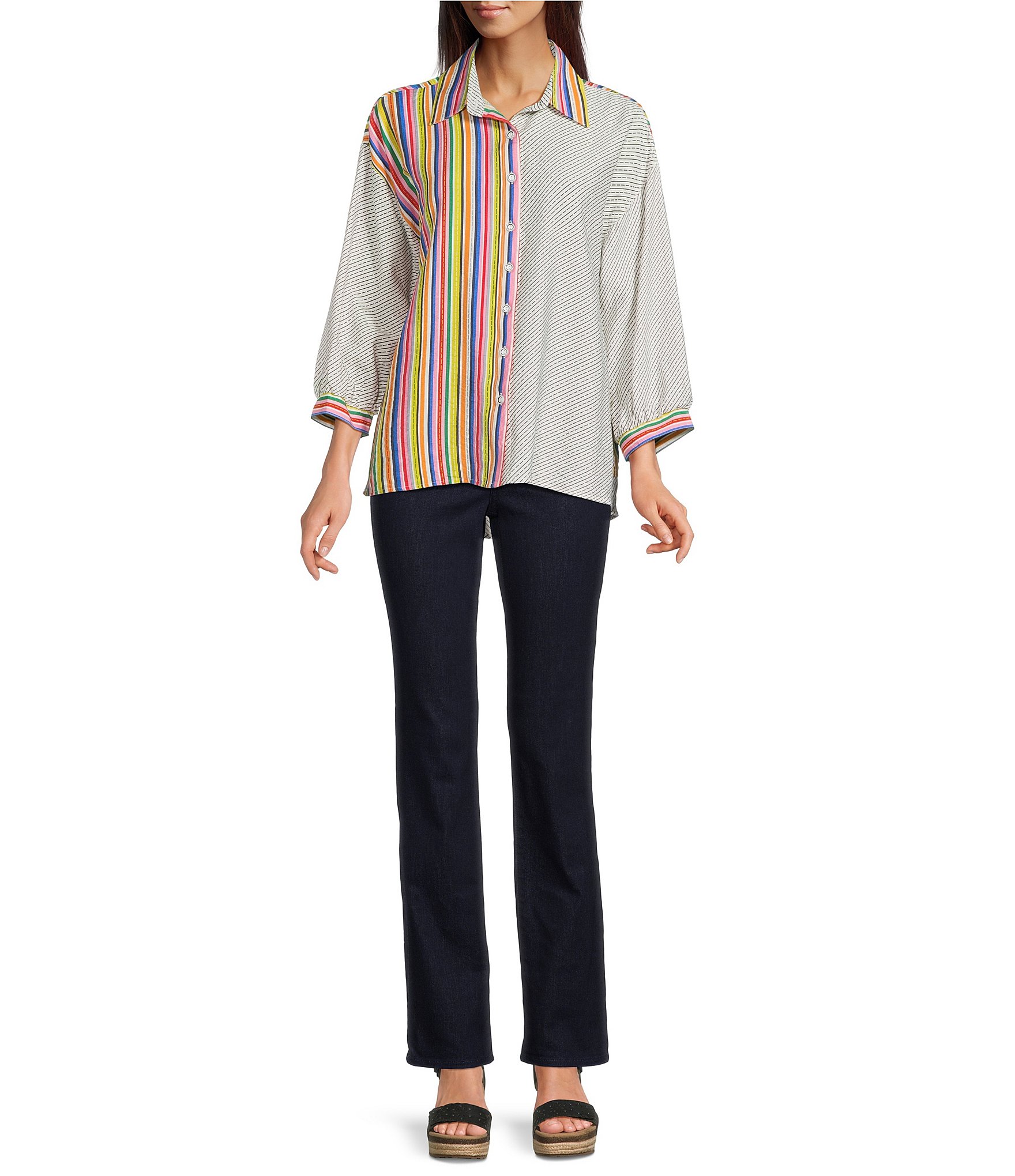 Ali Miles Petite Size Solid Multi Stripe Point Collar 3/4 Sleeve High-Low Hem Button-Front Shirt