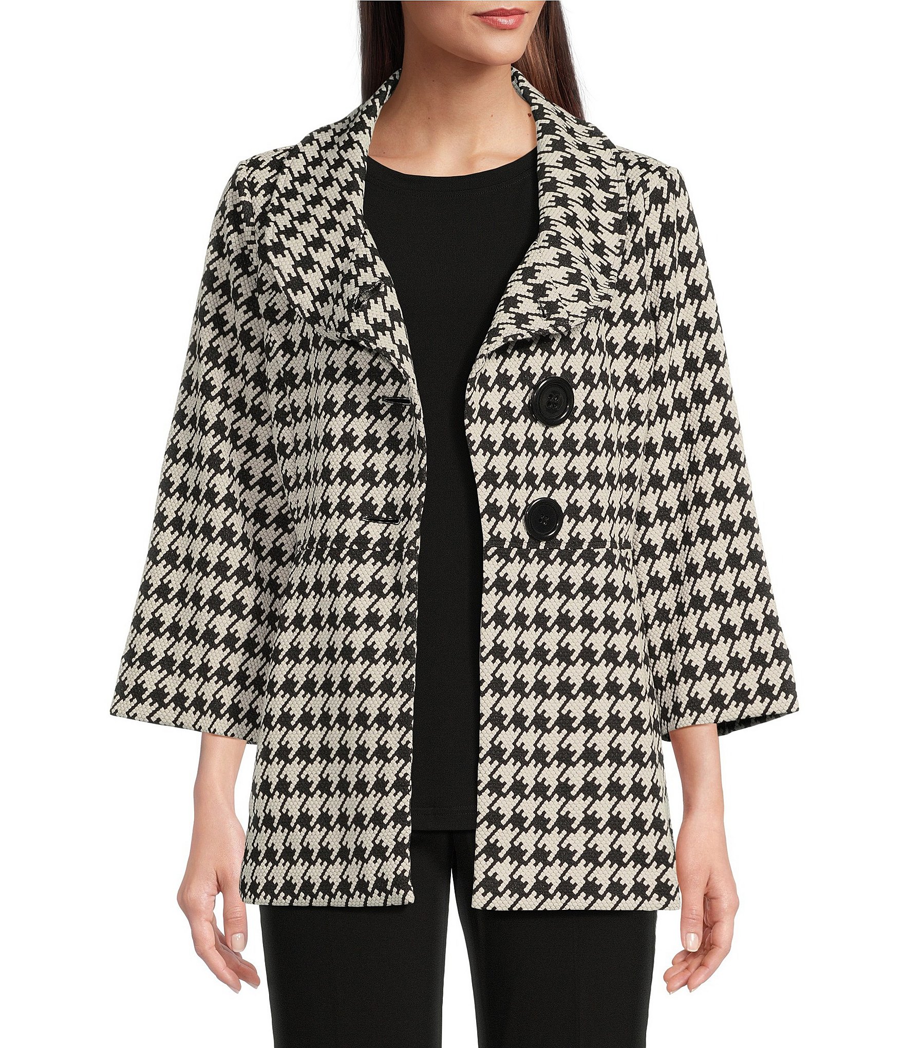 Ali Miles Petite Size Stretch Jacquard Houndstooth Collared 3/4 Sleeve  Button Up Jacket | Dillard's