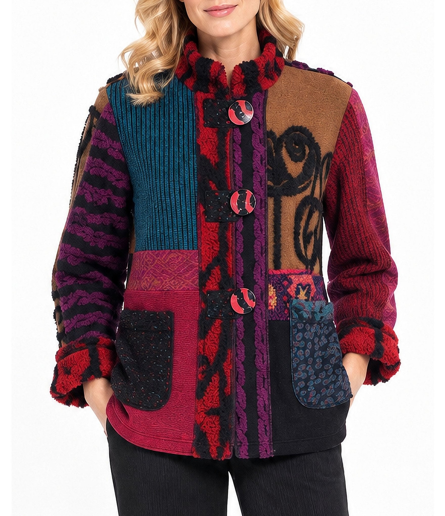 Ali Miles Petite Size Woven Abstract Mix Media Stand Collar Long Sleeve Button-Front Jacket