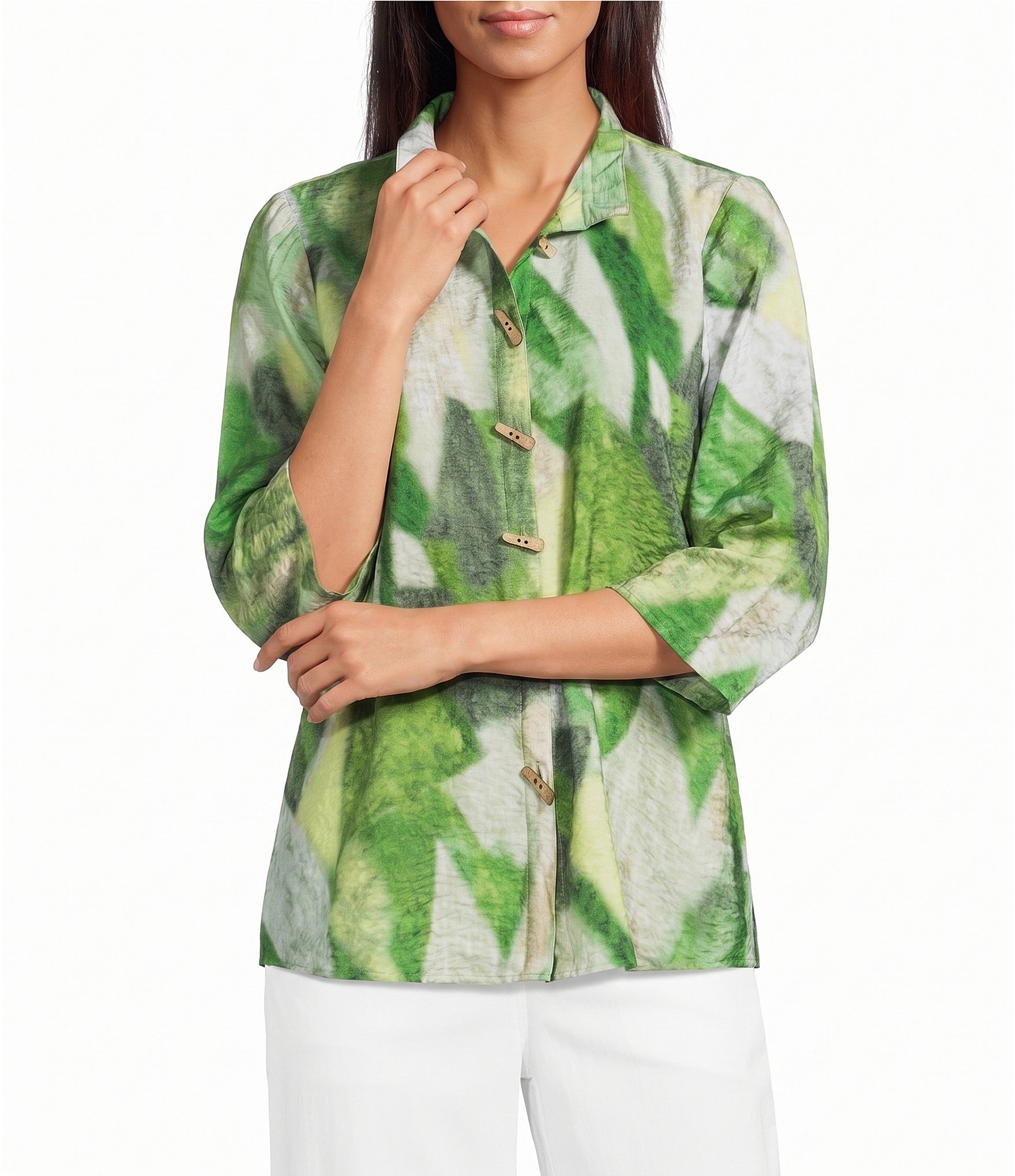 Ali Miles Petite Size Woven Abstract Wire Collar 3/4 Sleeve Button-Front Shirt