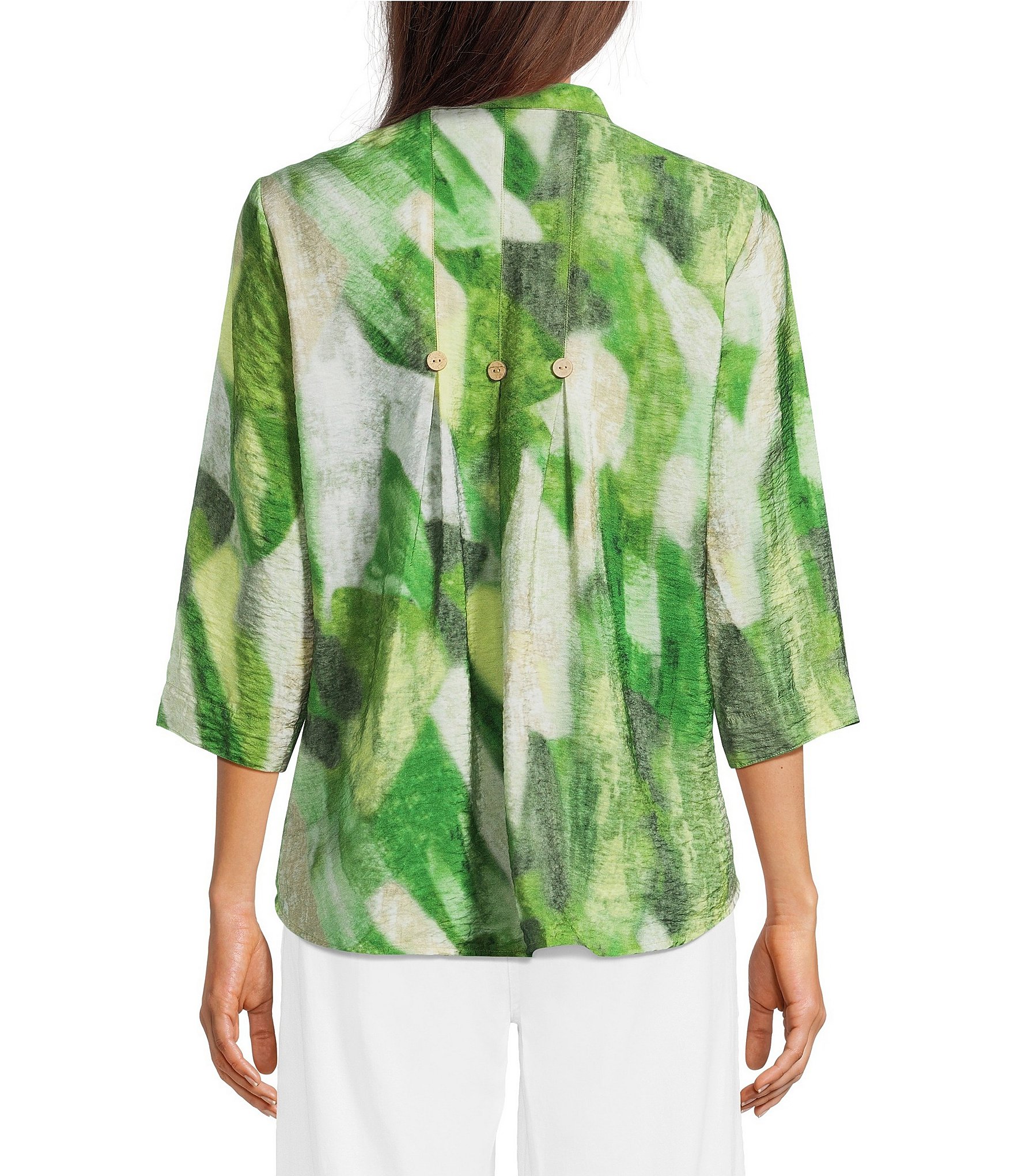 Ali Miles Petite Size Woven Abstract Wire Collar 3/4 Sleeve Button-Front Shirt