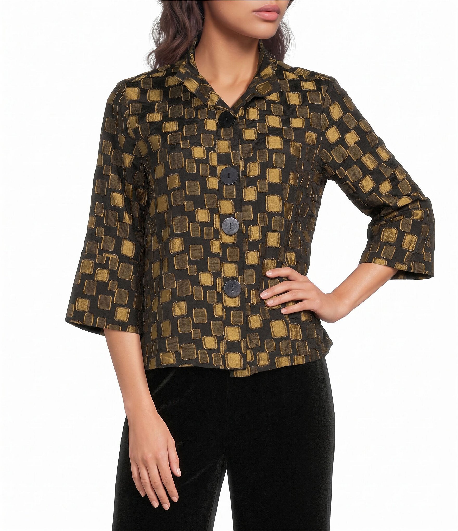 Ali Miles Petite Size Woven Jacquard Gold Dot Wire Collar 3/4 Sleeve Button Front Jacket