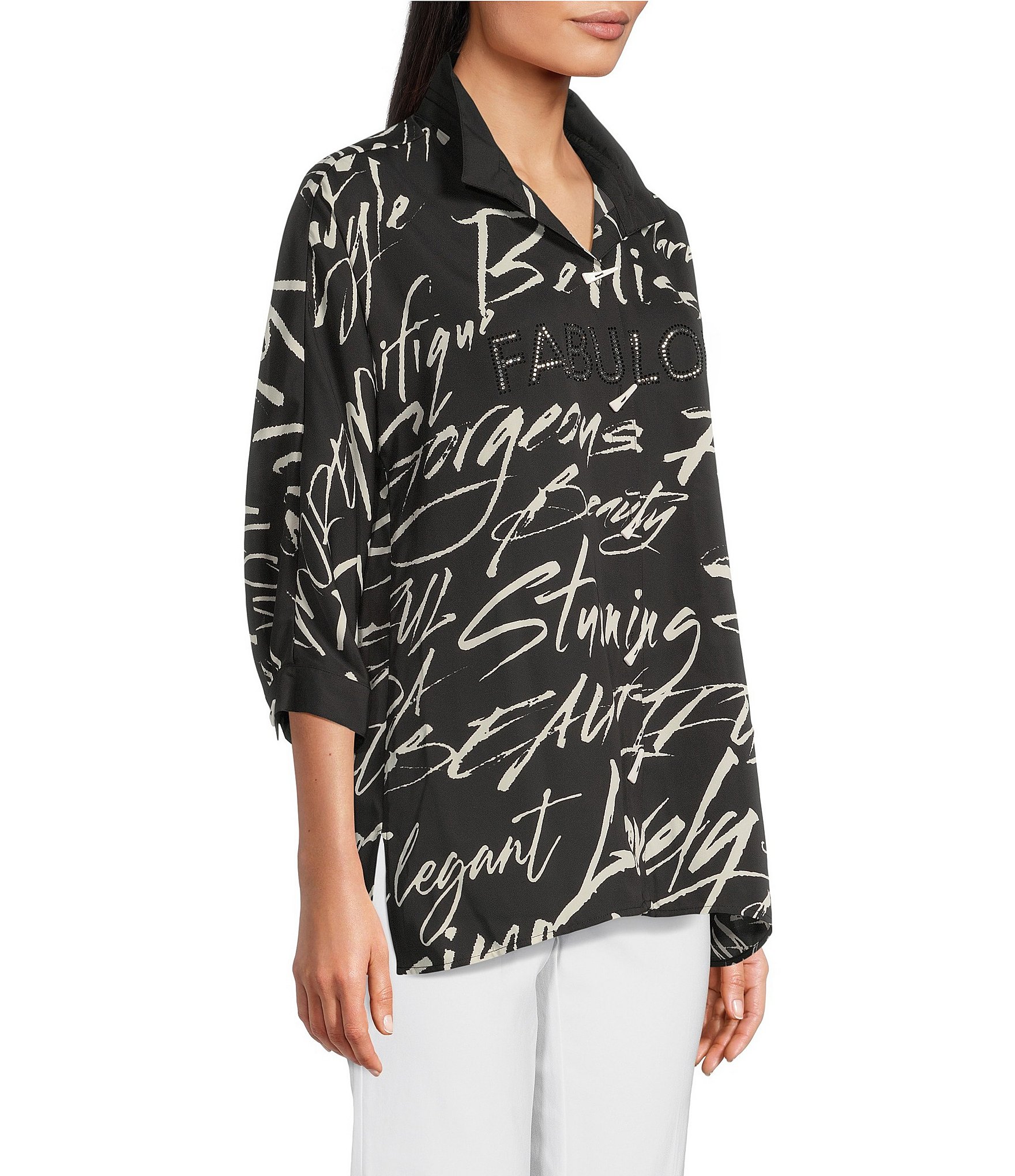 Ali Miles Petite Size Woven Printed Wire Collar 3/4 Roll-Tab Sleeve Button Front Tunic