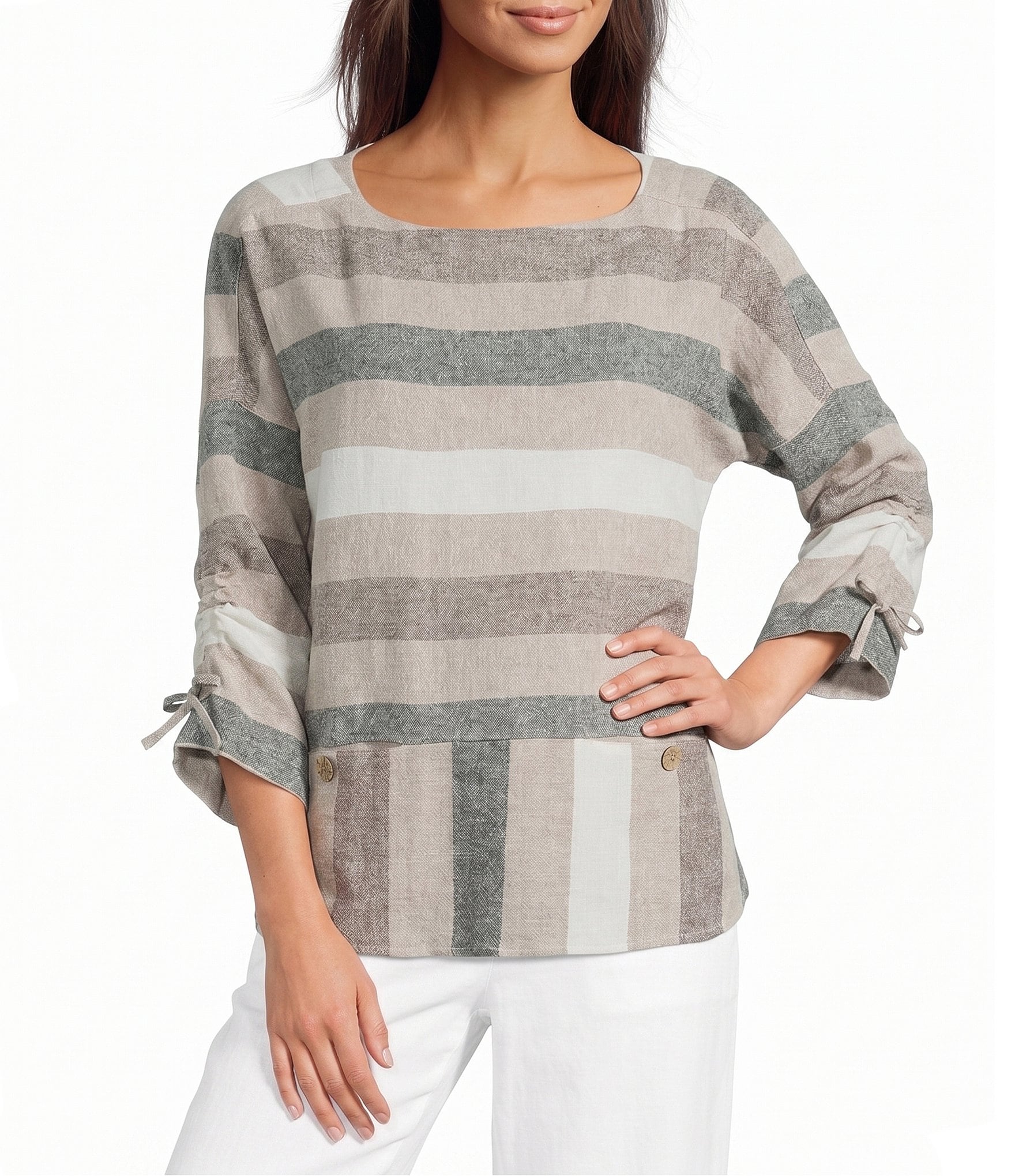Ali Miles Petite Size Woven Yarn Dyed Stripe Round Neck 3/4 Cinched Sleeve Top