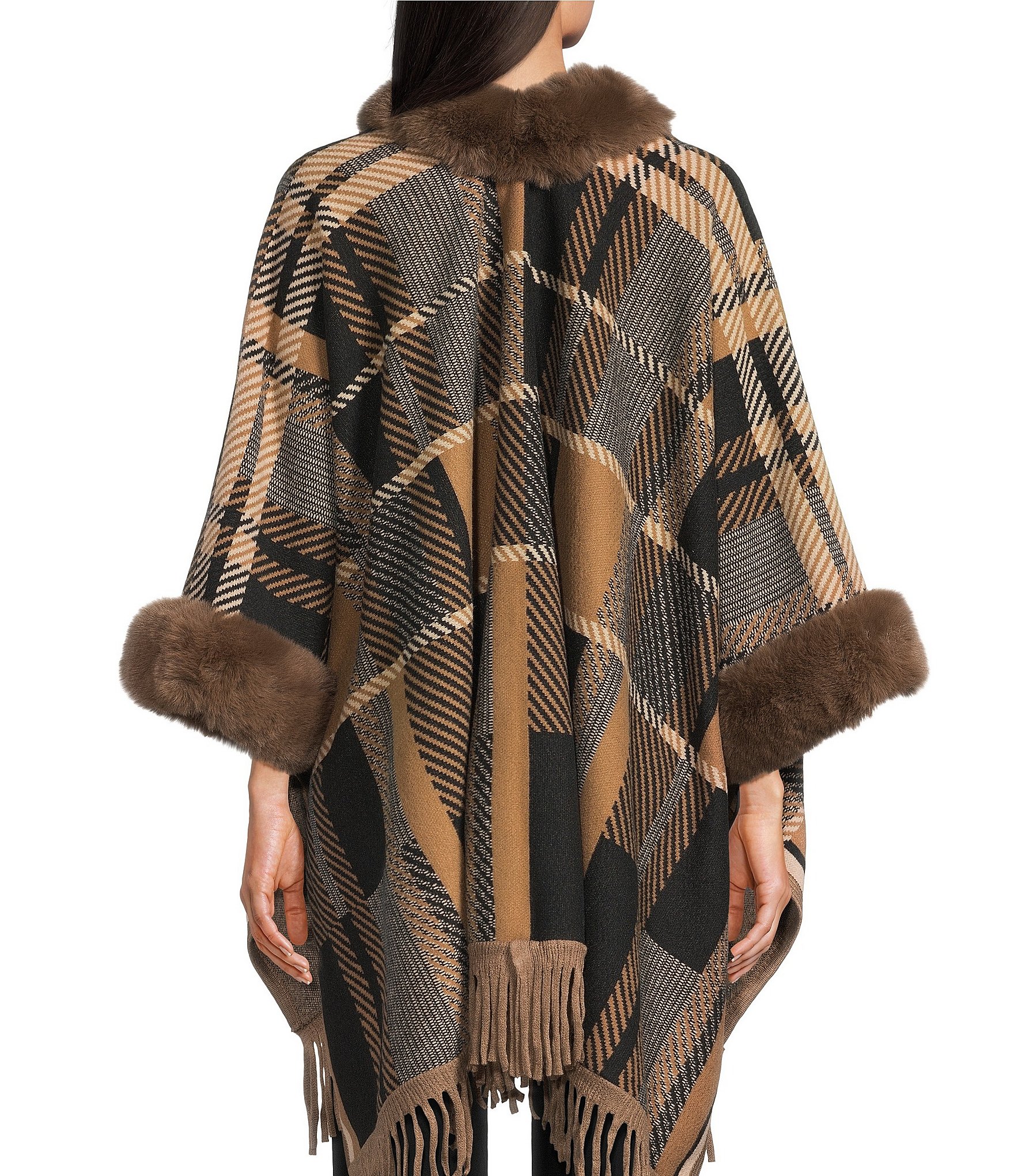Ali Miles Plaid Faux-Fur Trim Fringe Hem Cozy Open-Front Jacket