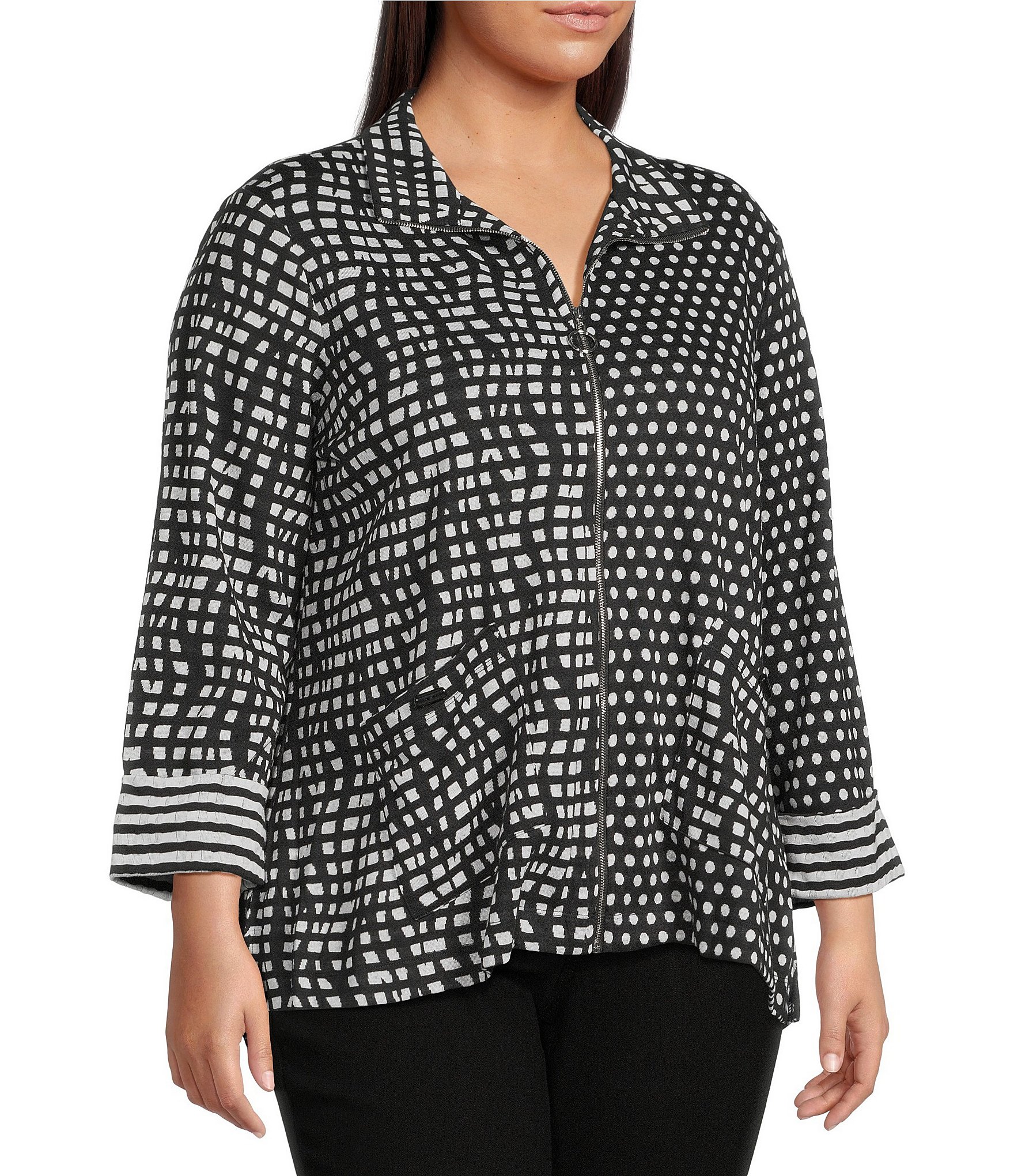 Ali Miles Plus Size Abstract Dotted Mock Neck Elbow Sleeve Zip-Front Tunic