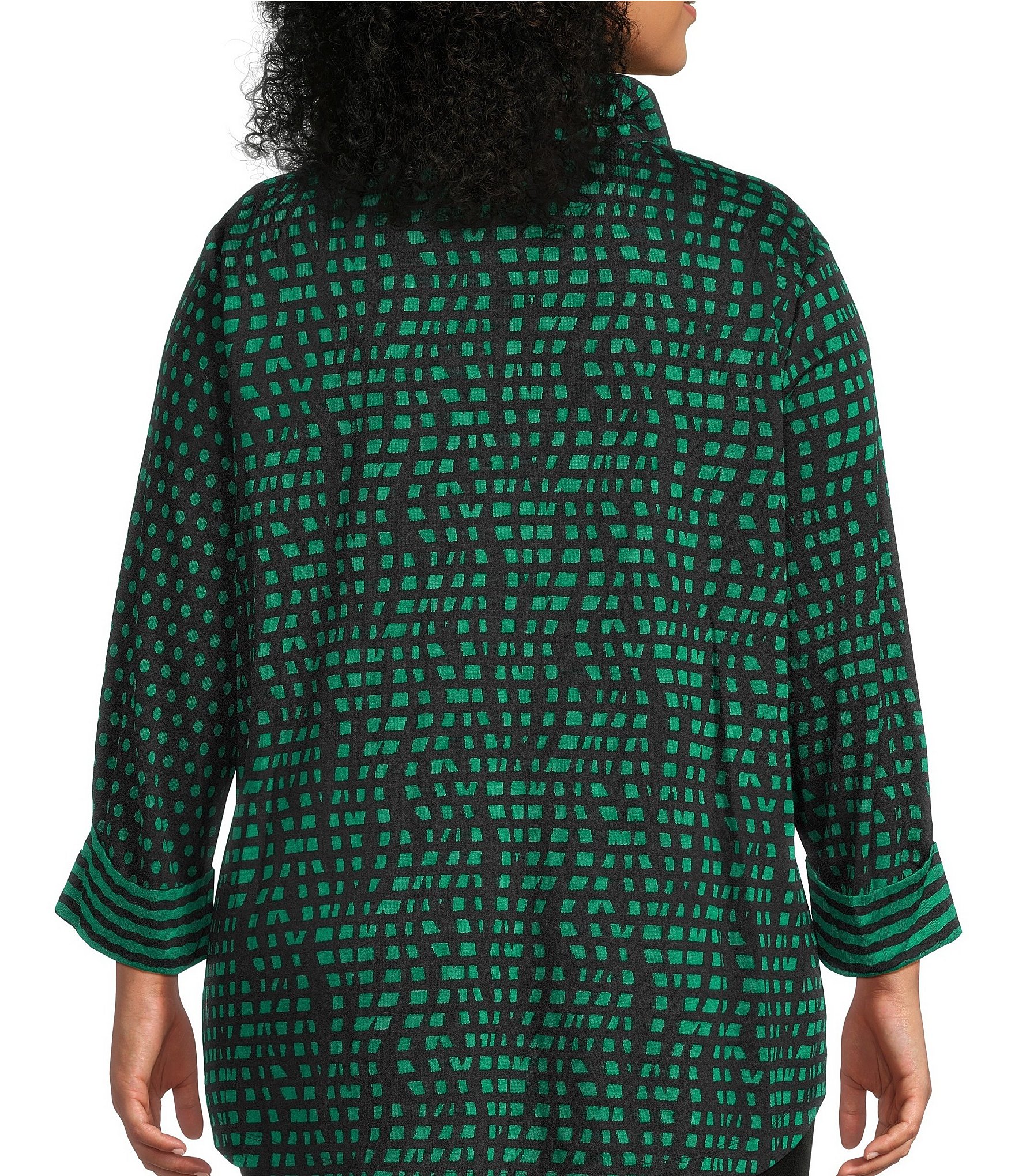 Ali Miles Plus Size Abstract Dotted Mock Neck Elbow Sleeve Zip-Front Tunic